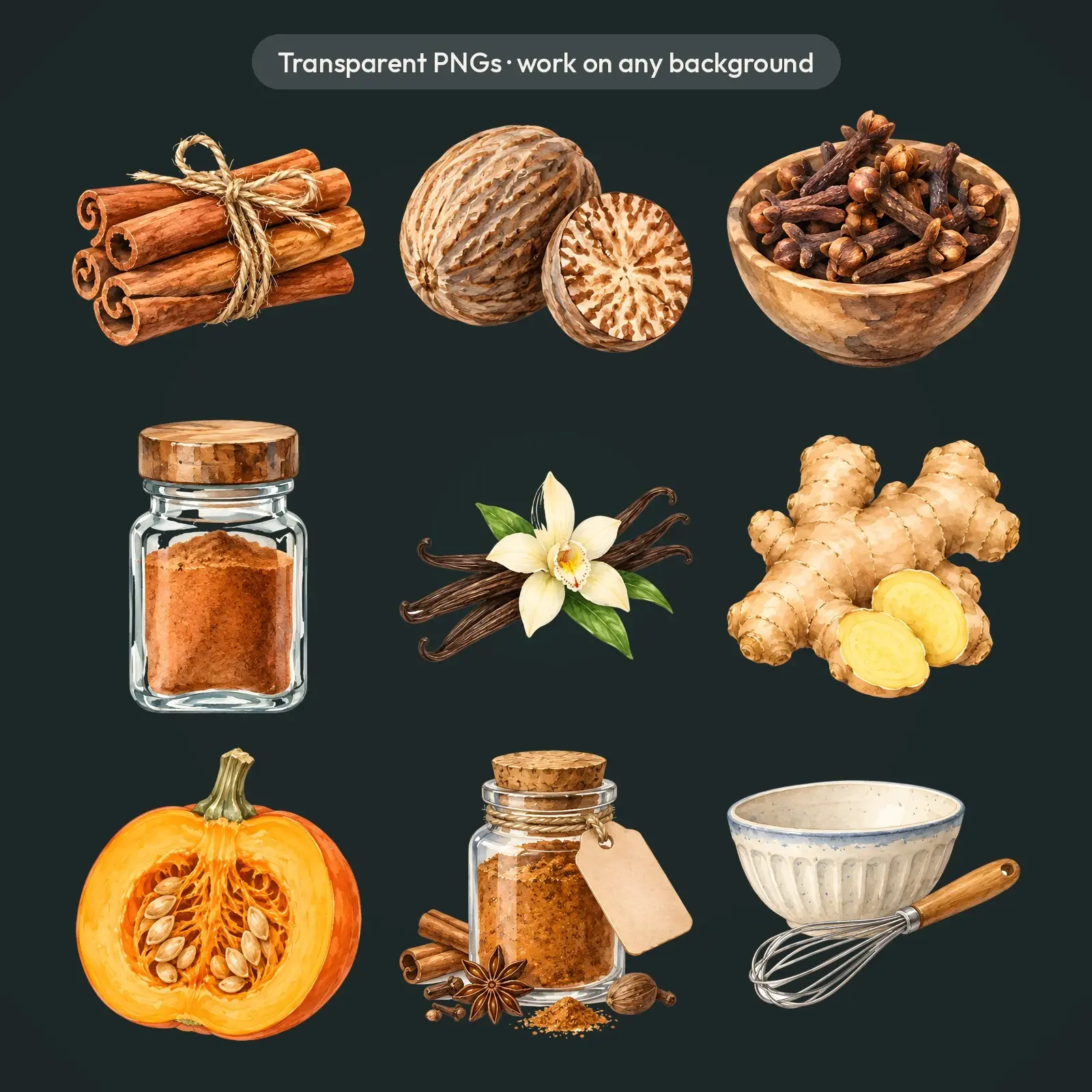 Pumpkin Spice Kitchen Clip Art – 12 Watercolor Spice Jars and Baking PNGs, preview 4 of 4