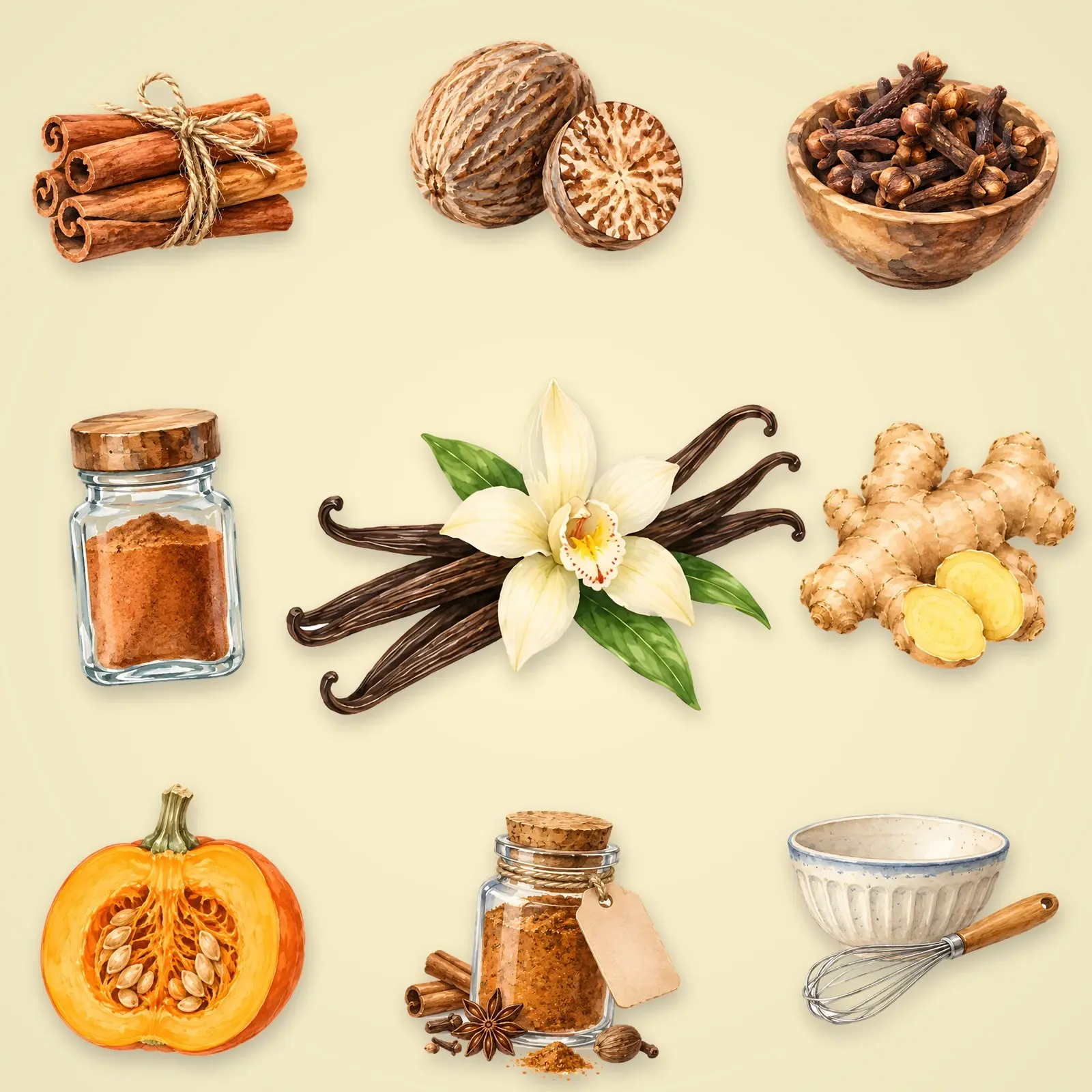 Pumpkin Spice Kitchen Clip Art – 12 Watercolor Spice Jars and Baking PNGs, preview 1 of 4