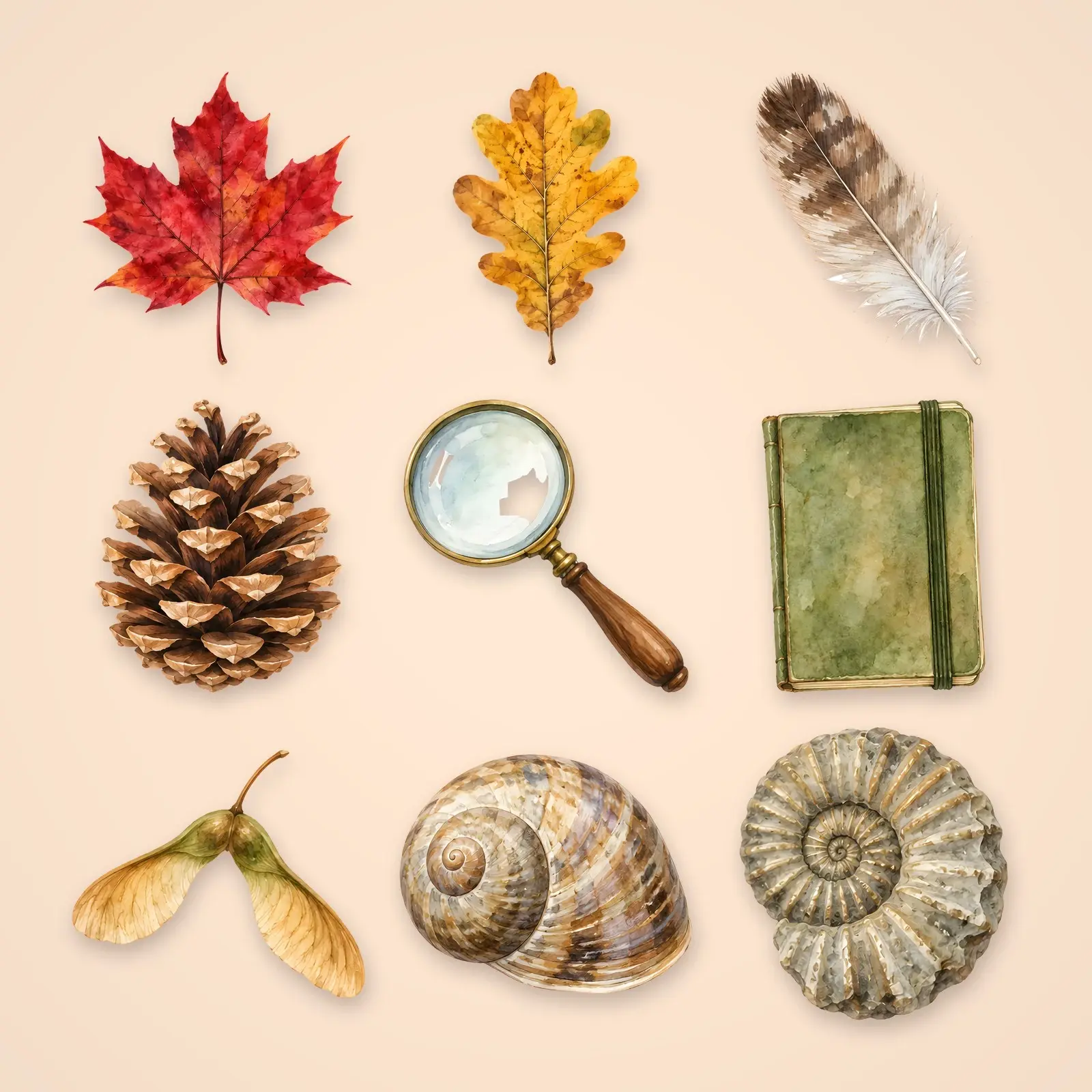 Nature Study Specimens Clip Art – 12 Watercolor Leaves, Seeds and Feathers preview