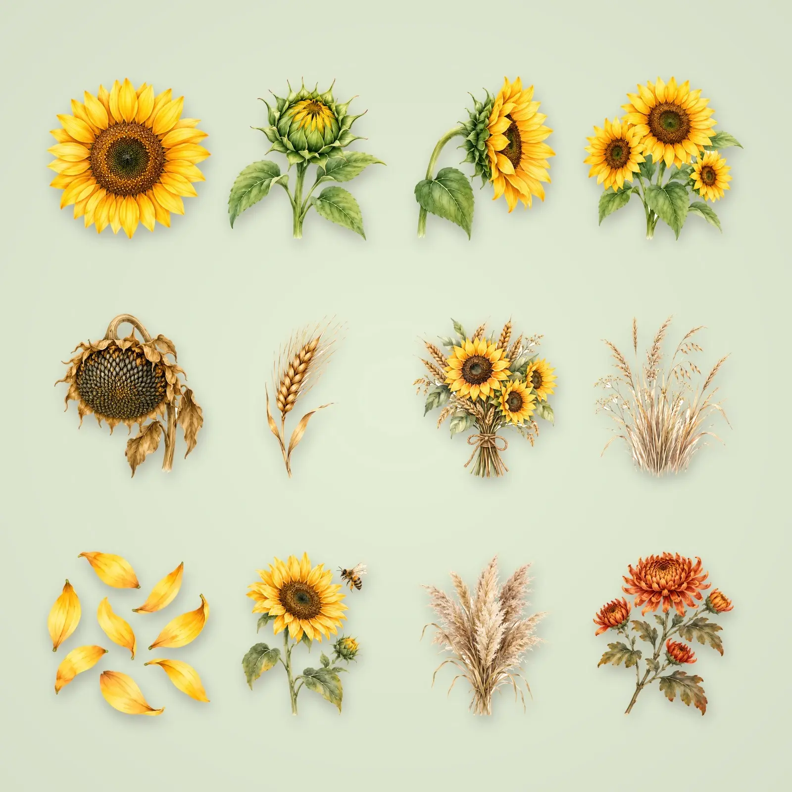 Sunflowers and Wheat Clip Art – 14 Watercolor Harvest Flowers preview