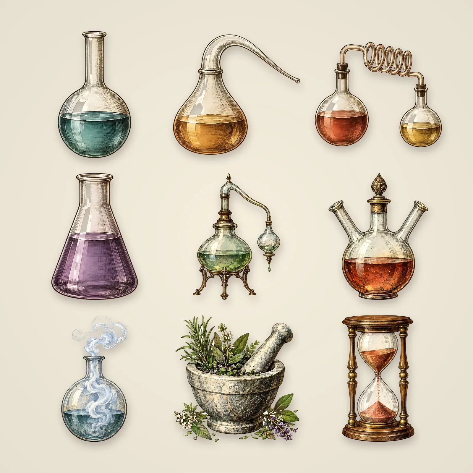 Alchemy Glassware Clip Art – 12 Vintage Engraved Lab Flasks preview
