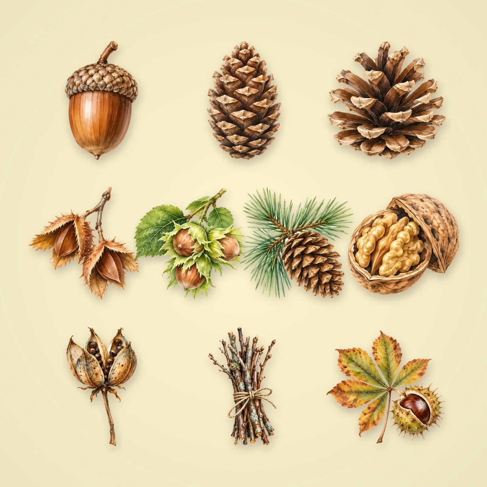 Acorns, Pinecones and Chestnuts Clip Art – 16 Watercolor Forest Finds preview