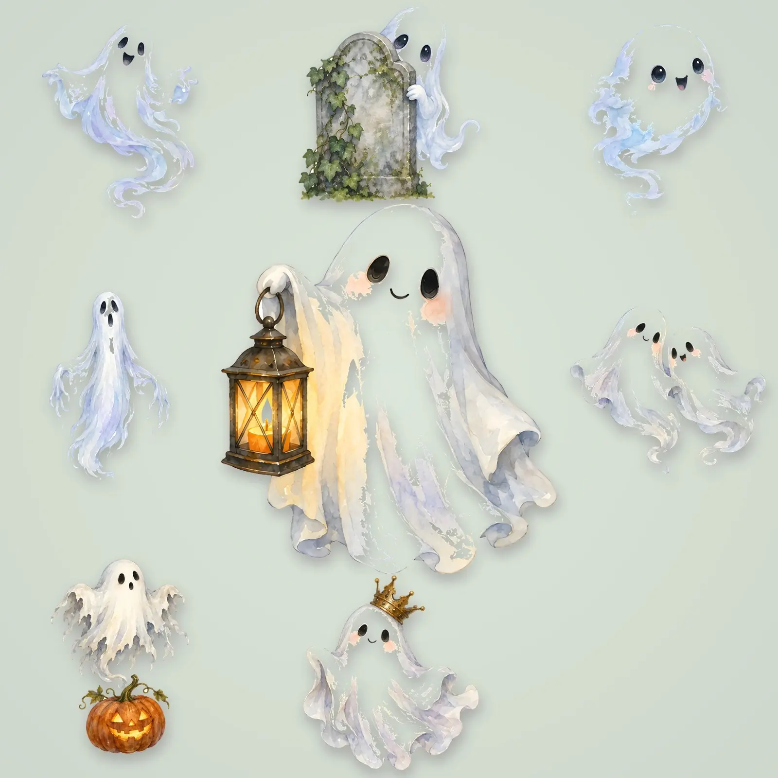Misty Moor Ghosts Clip Art – 8 Watercolor Classic Sheet Ghosts preview