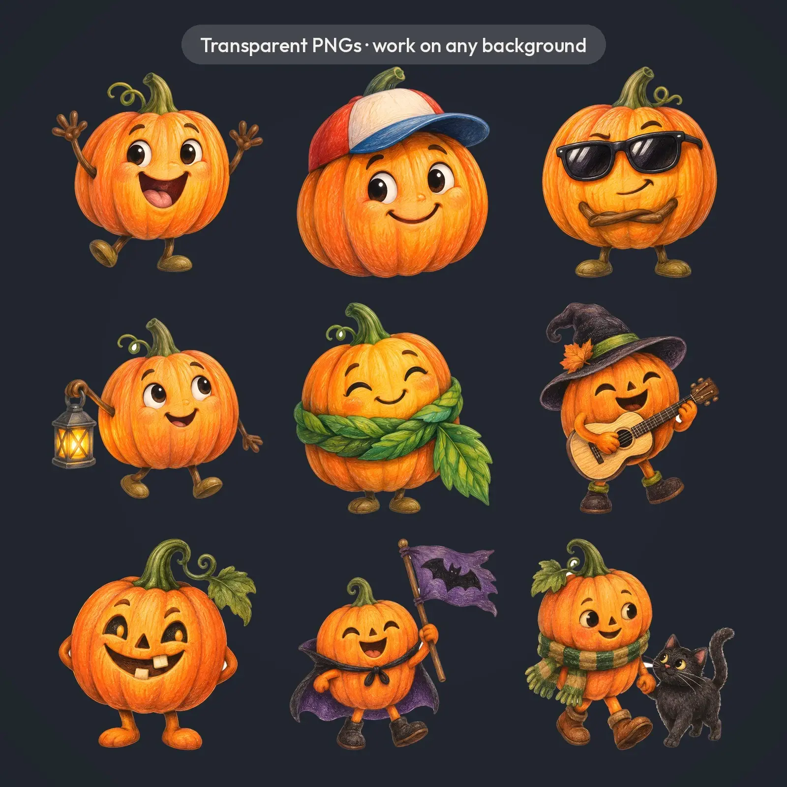 Smiling Pumpkin Pals Clip Art – 10 Colored Pencil Characters, preview 4 of 4