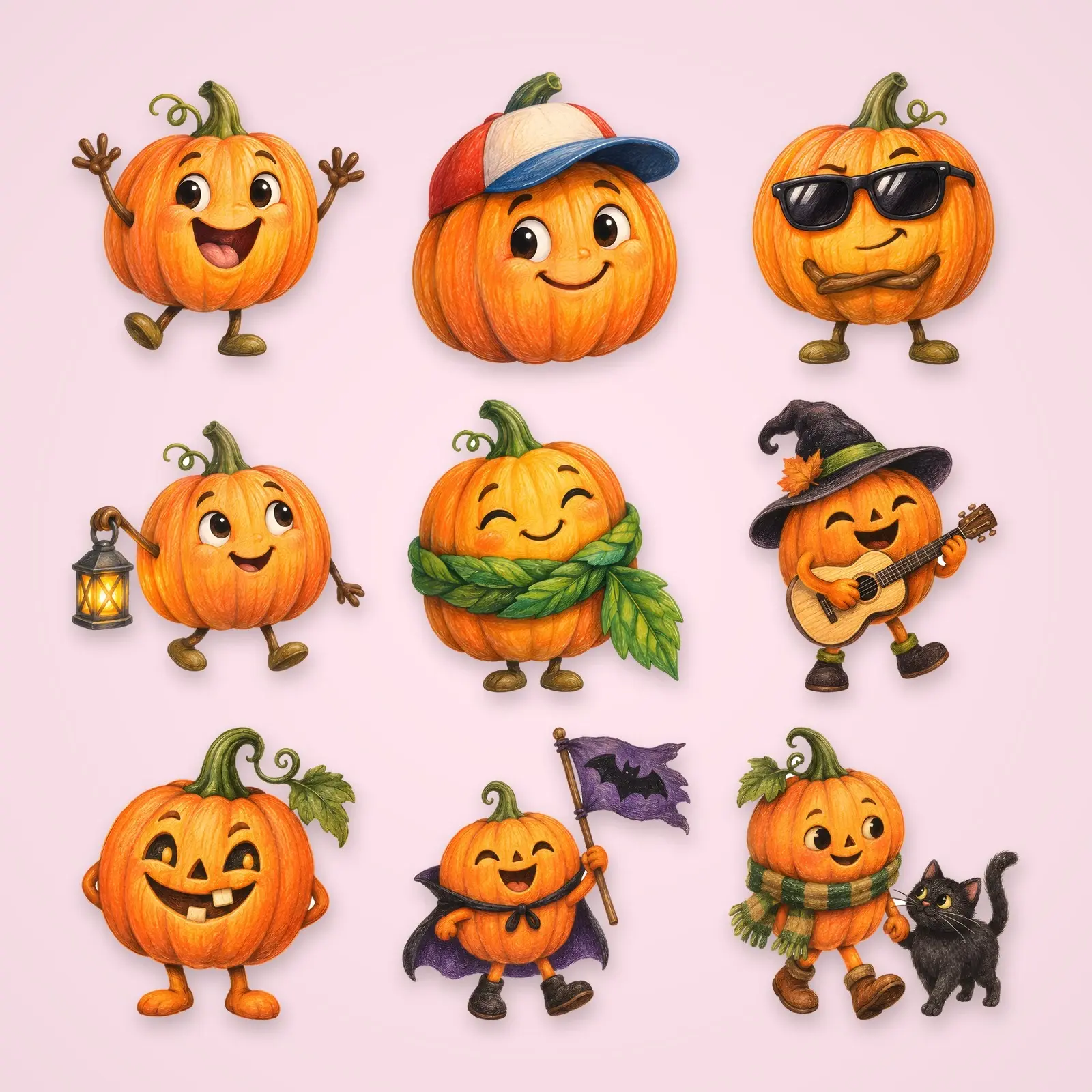 Smiling Pumpkin Pals Clip Art – 10 Colored Pencil Characters, preview 1 of 4