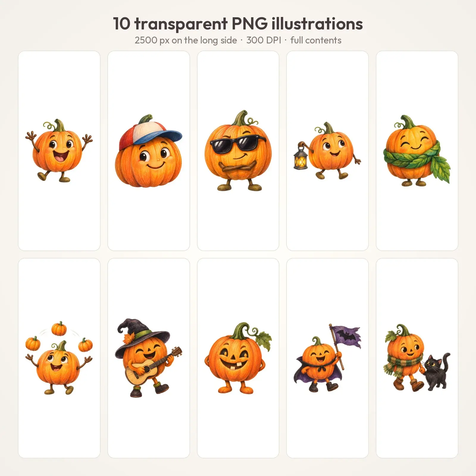 Smiling Pumpkin Pals Clip Art – 10 Colored Pencil Characters, preview 2 of 4