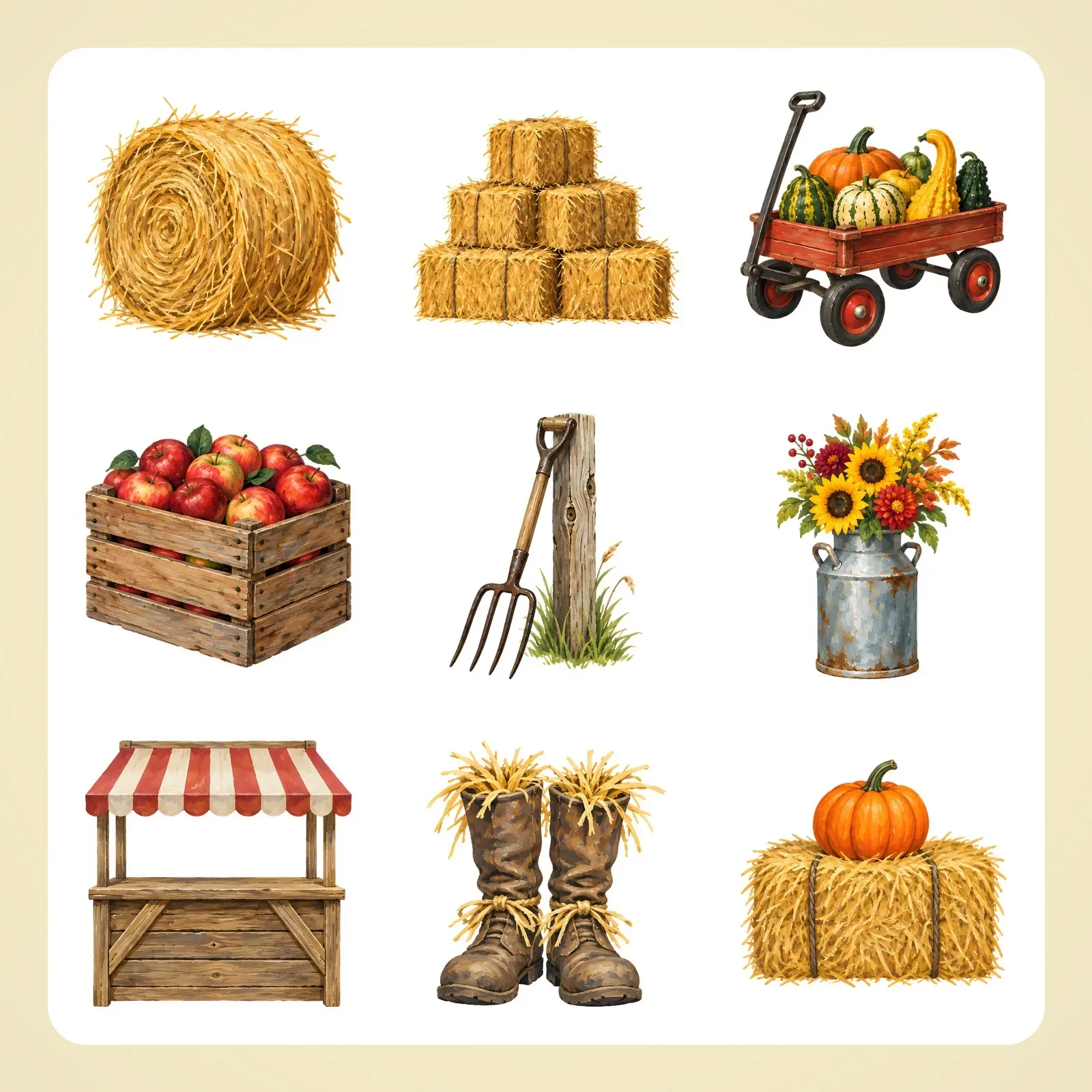 Farm Stand Harvest Clip Art – 12 Gouache Hay Bales, Crates and Wagons preview