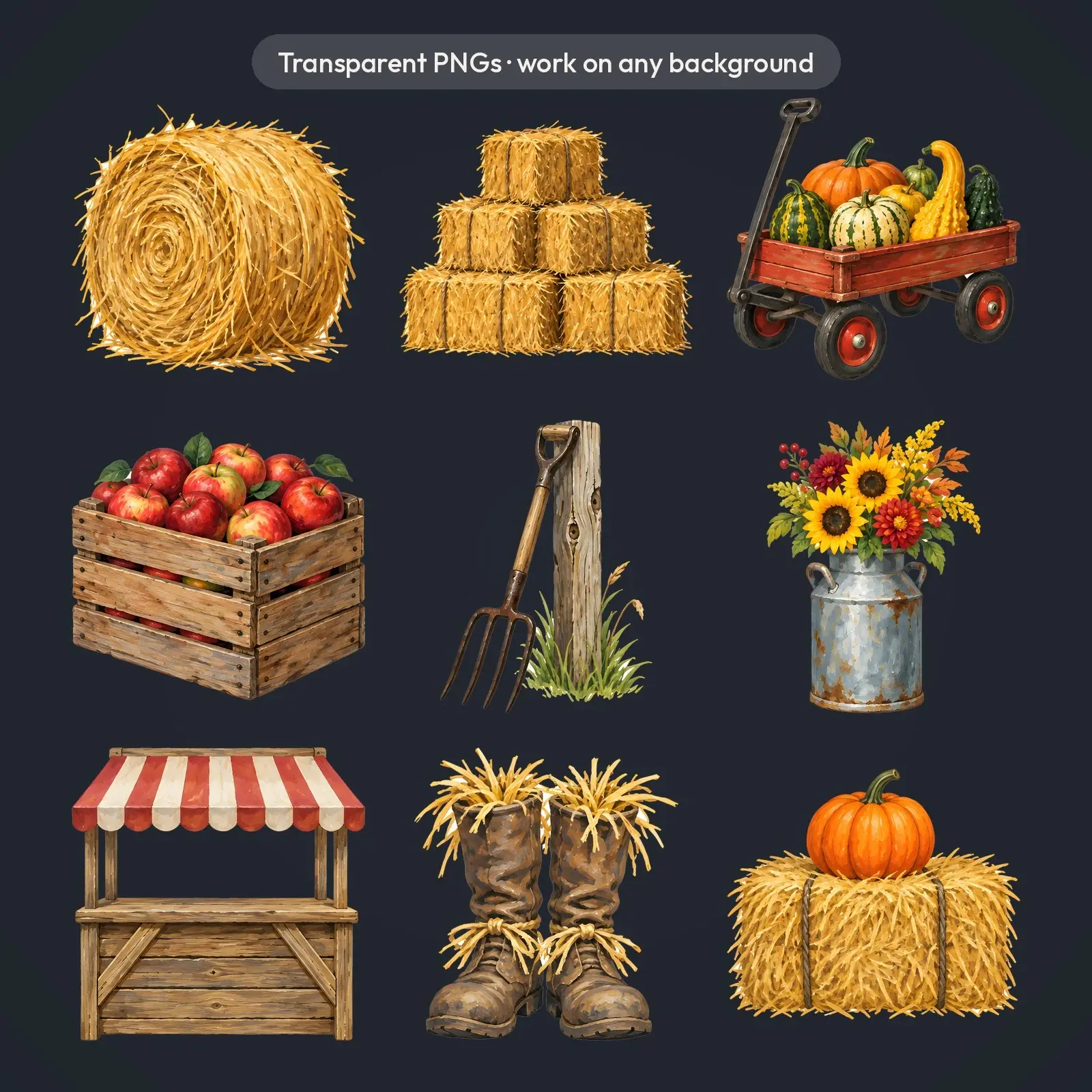 Farm Stand Harvest Clip Art – 12 Gouache Hay Bales, Crates and Wagons, preview 4 of 4