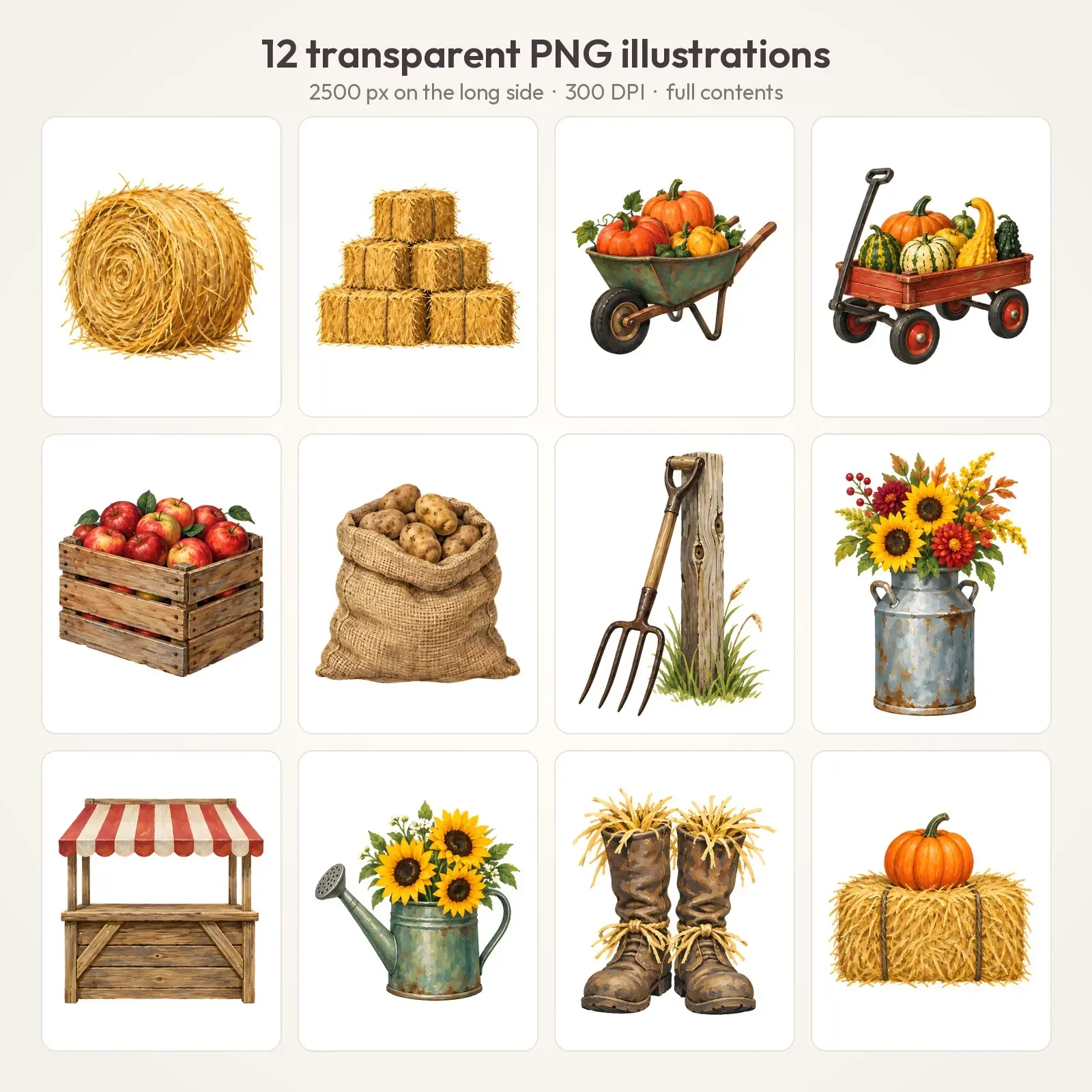 Farm Stand Harvest Clip Art – 12 Gouache Hay Bales, Crates and Wagons, preview 2 of 4