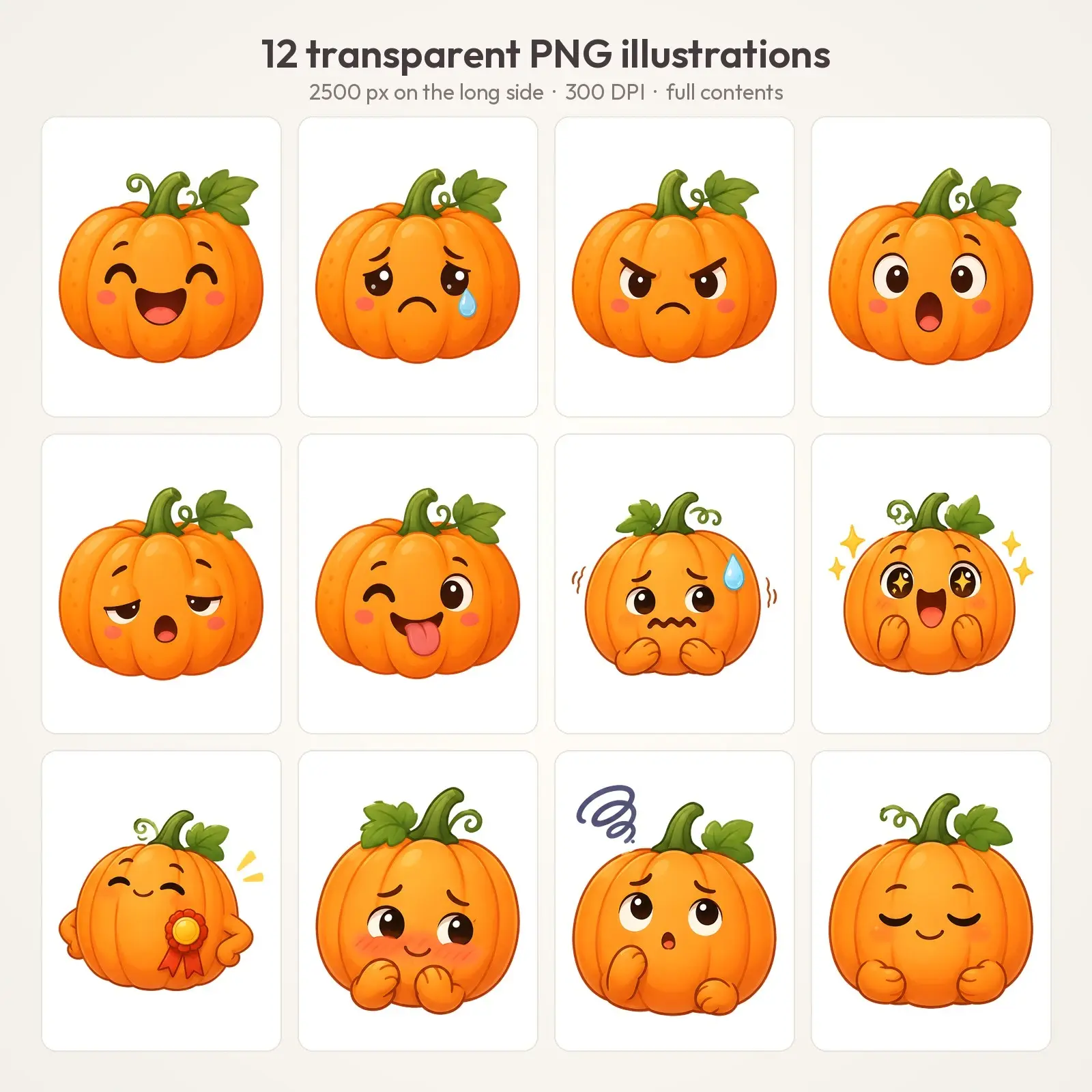 Pumpkin Feelings Faces Clip Art – 12 Flat Cute Emotion Pumpkins, preview 2 of 4