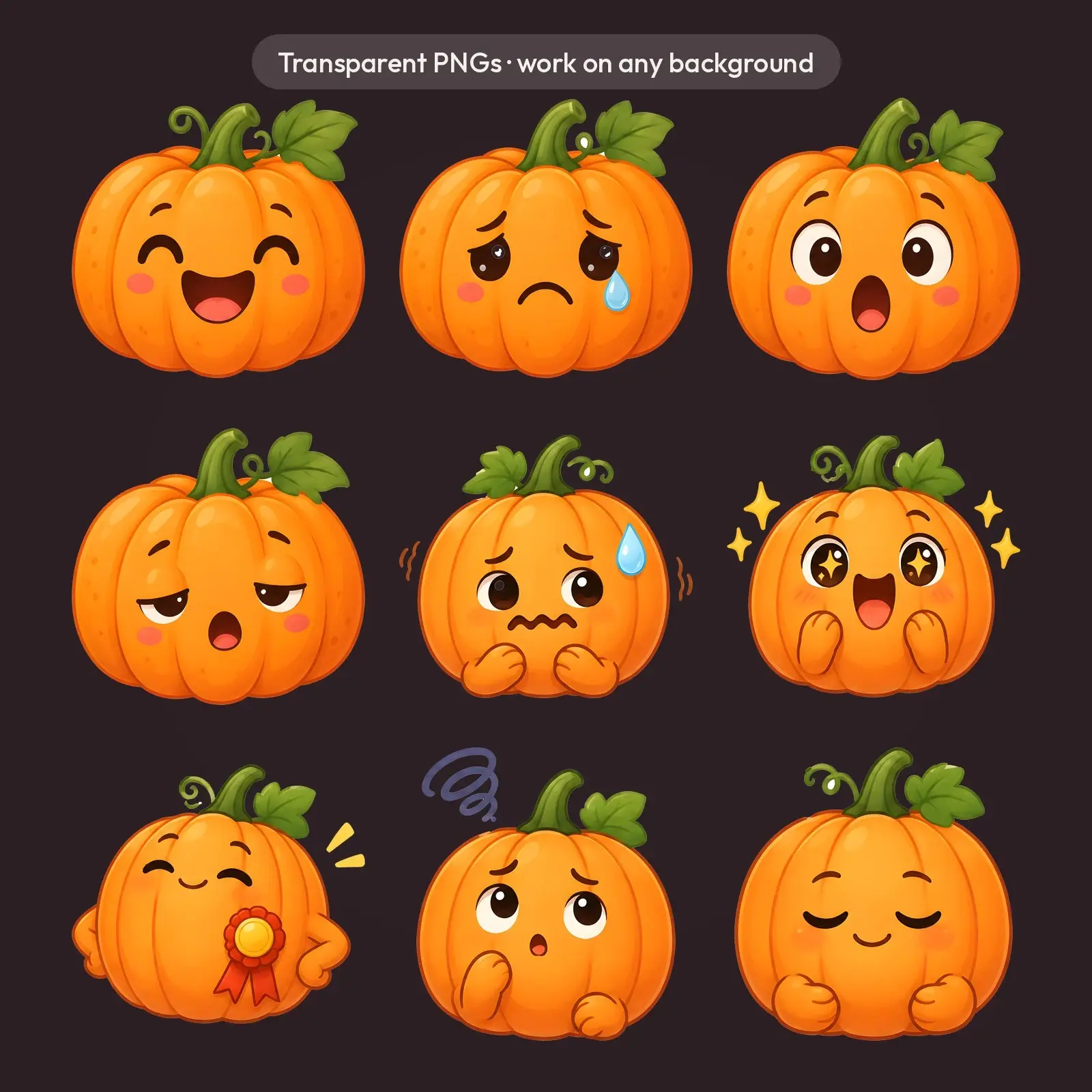 Pumpkin Feelings Faces Clip Art – 12 Flat Cute Emotion Pumpkins, preview 4 of 4