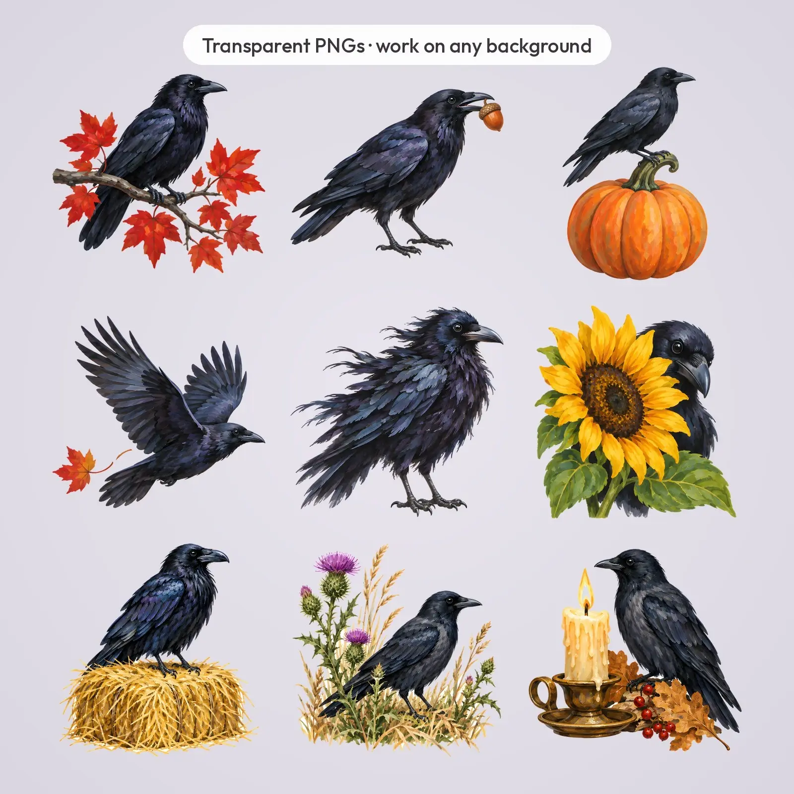 Ravens and Autumn Leaves Clip Art – 14 Gouache Fall Bird PNGs, preview 4 of 4