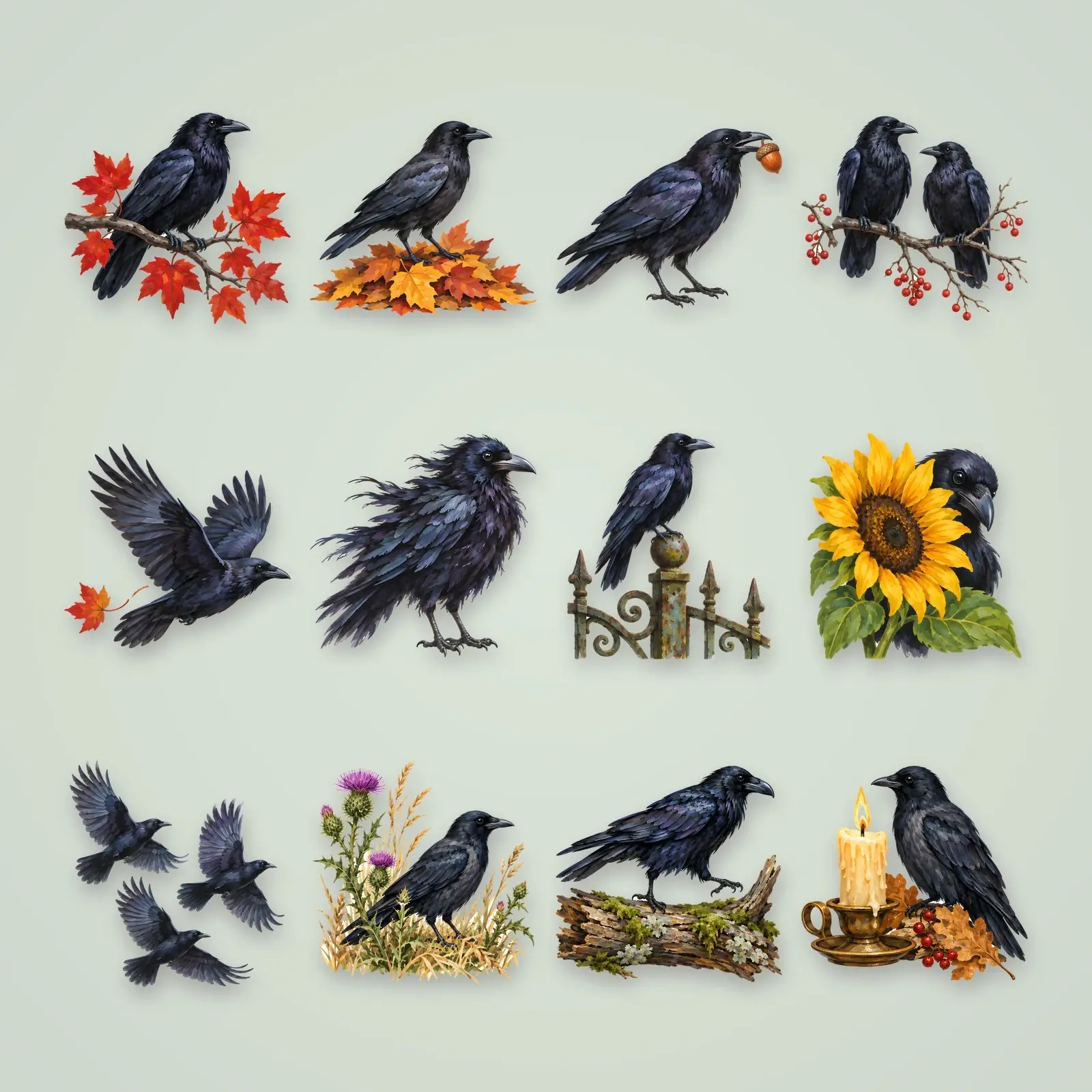 Ravens and Autumn Leaves Clip Art – 14 Gouache Fall Bird PNGs preview