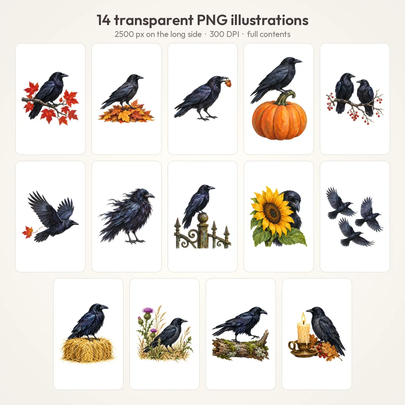 Ravens and Autumn Leaves Clip Art – 14 Gouache Fall Bird PNGs, preview 2 of 4