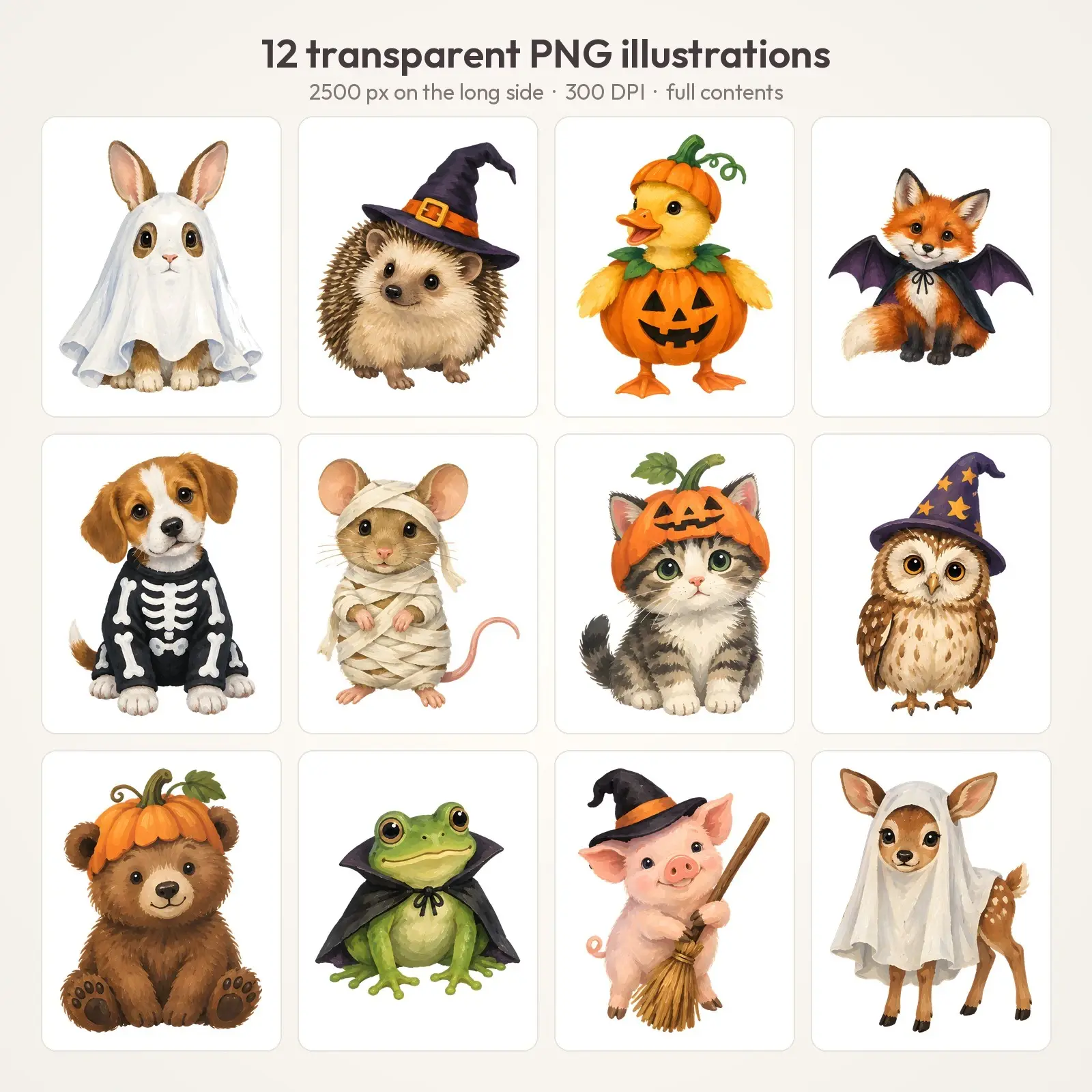 Halloween Animals in Costumes Clip Art – 12 Gouache Critters, preview 2 of 4