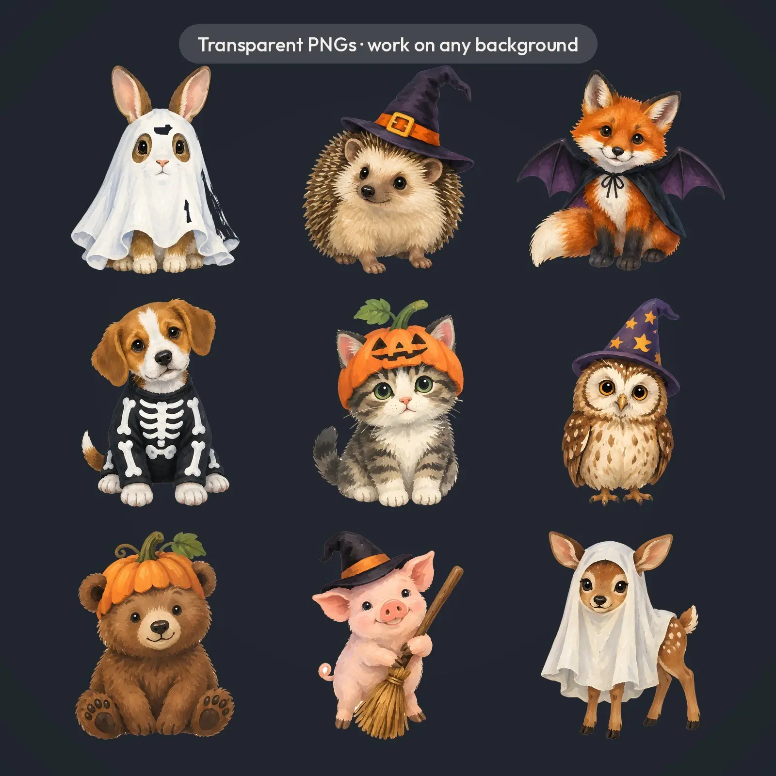 Halloween Animals in Costumes Clip Art – 12 Gouache Critters, preview 4 of 4