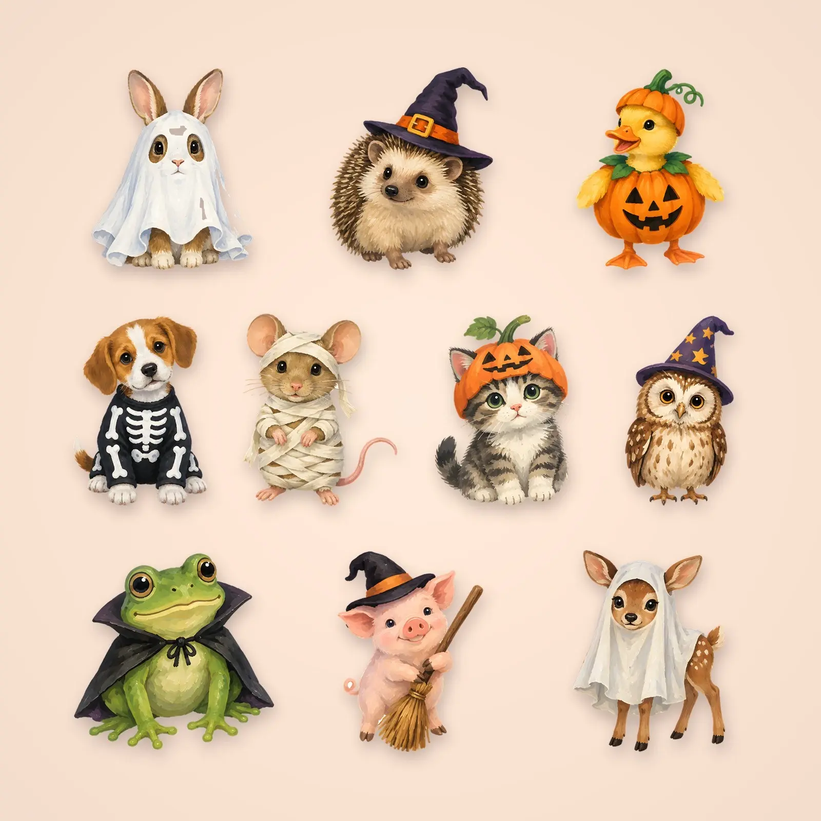 Halloween Animals in Costumes Clip Art – 12 Gouache Critters, preview 1 of 4