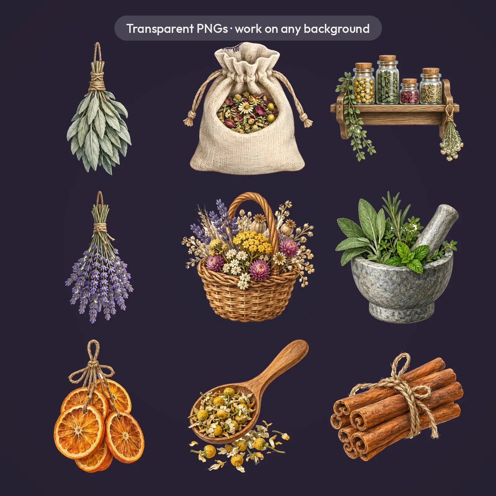 Herb Bundles and Apothecary Shelf Clip Art – 12 Colored Pencil Pantry PNGs, preview 4 of 4