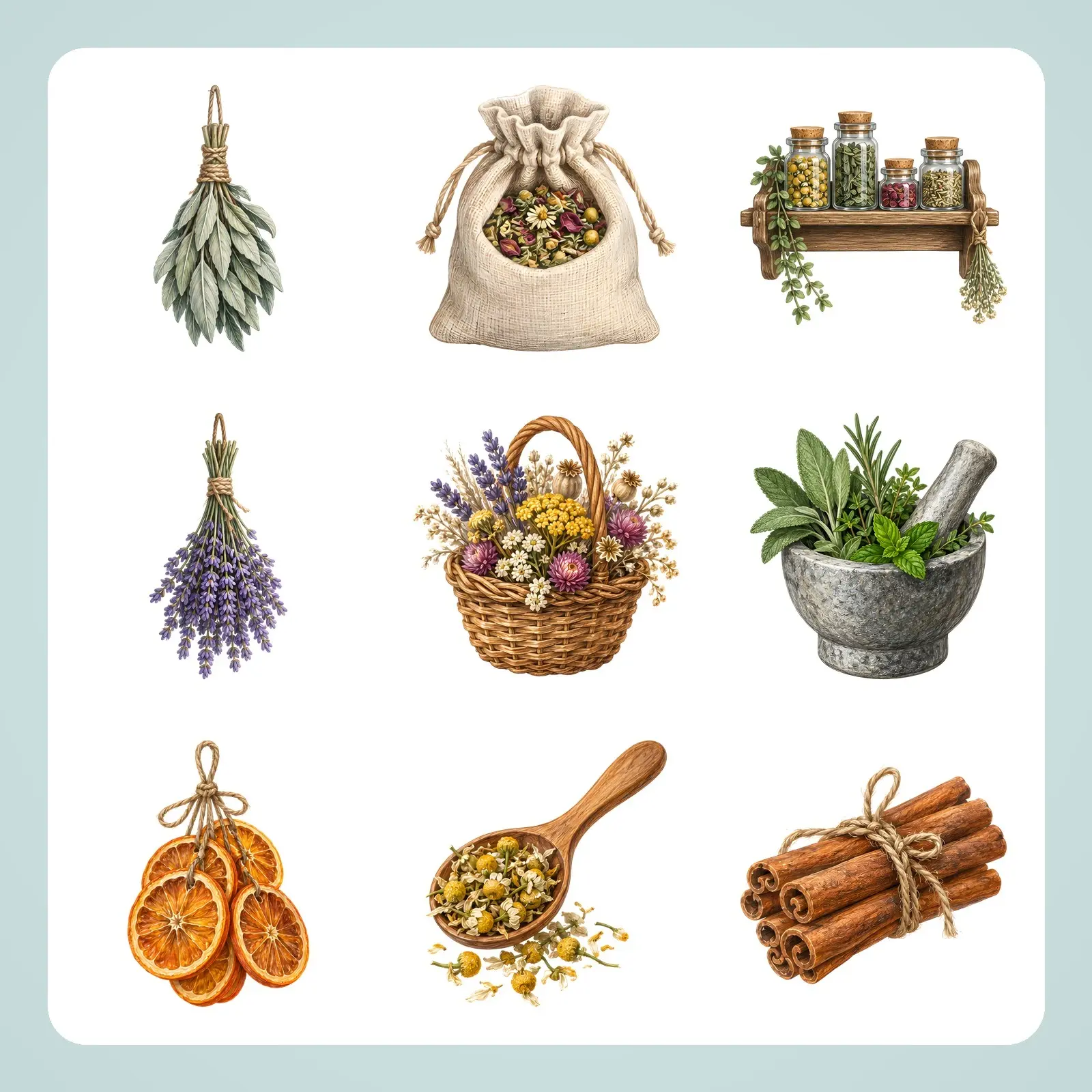 Herb Bundles and Apothecary Shelf Clip Art – 12 Colored Pencil Pantry PNGs preview
