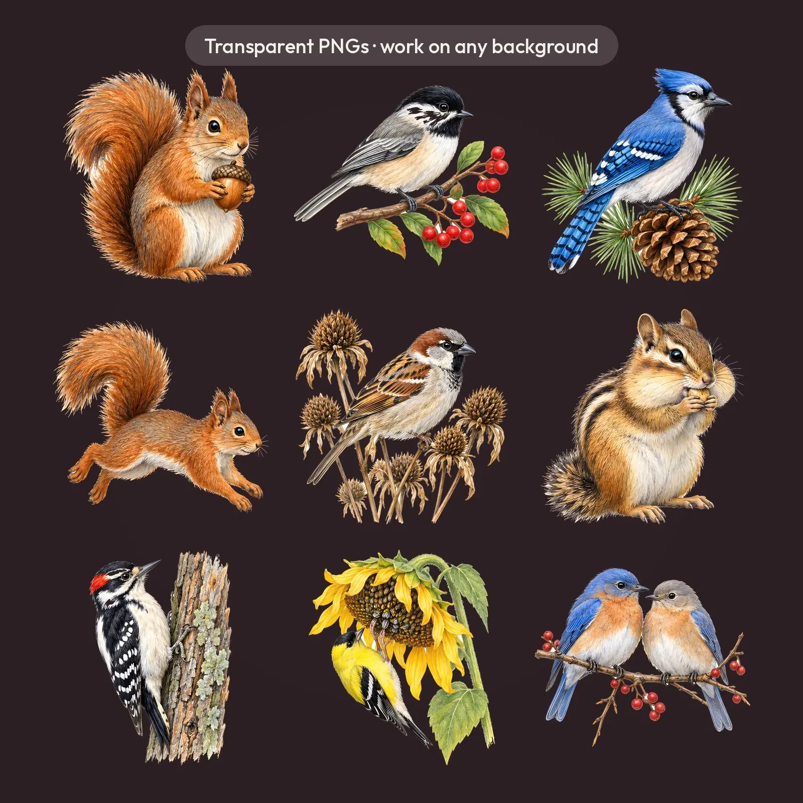 Autumn Birds and Squirrels Clip Art – 12 Colored Pencil Backyard Animals, preview 4 of 4