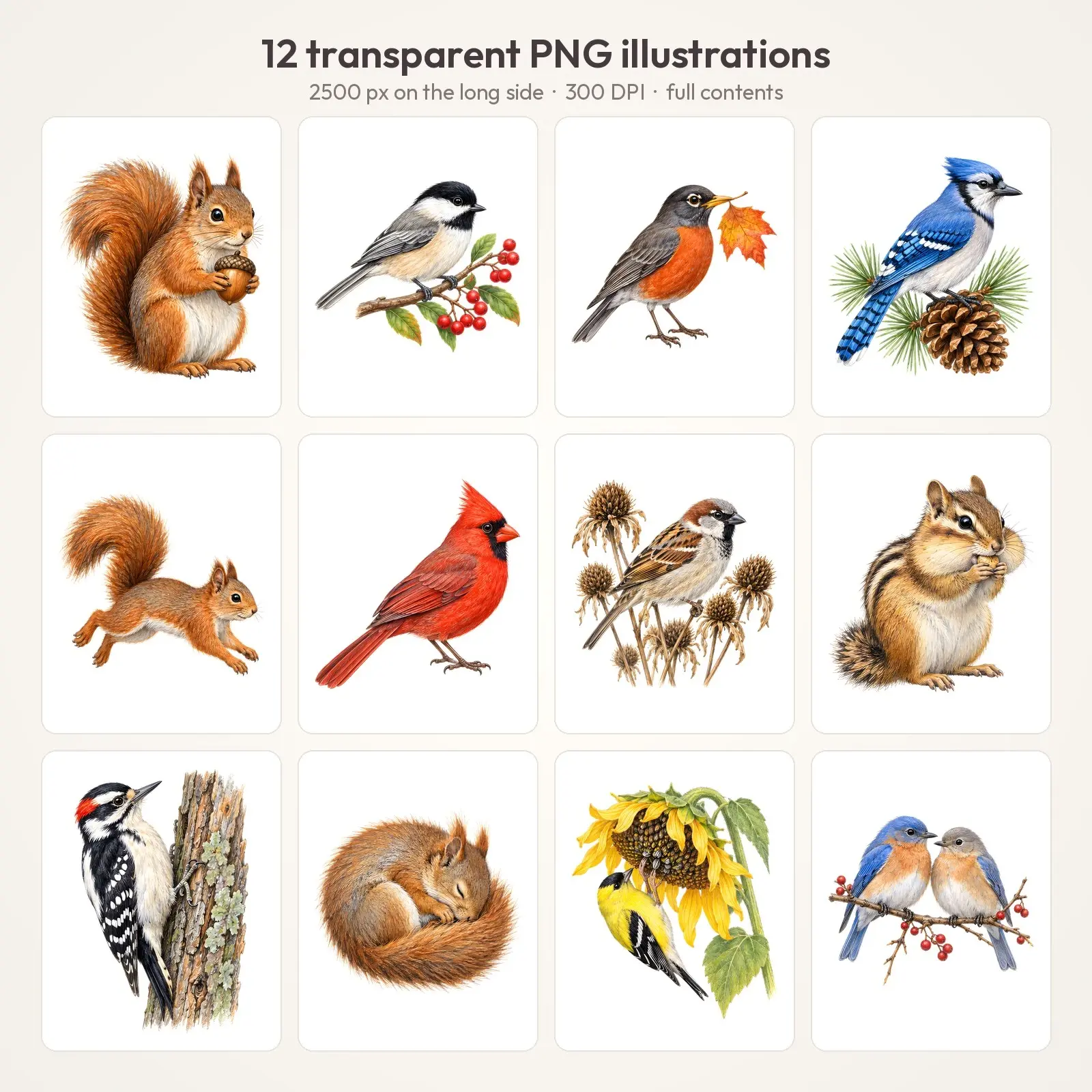 Autumn Birds and Squirrels Clip Art – 12 Colored Pencil Backyard Animals, preview 2 of 4