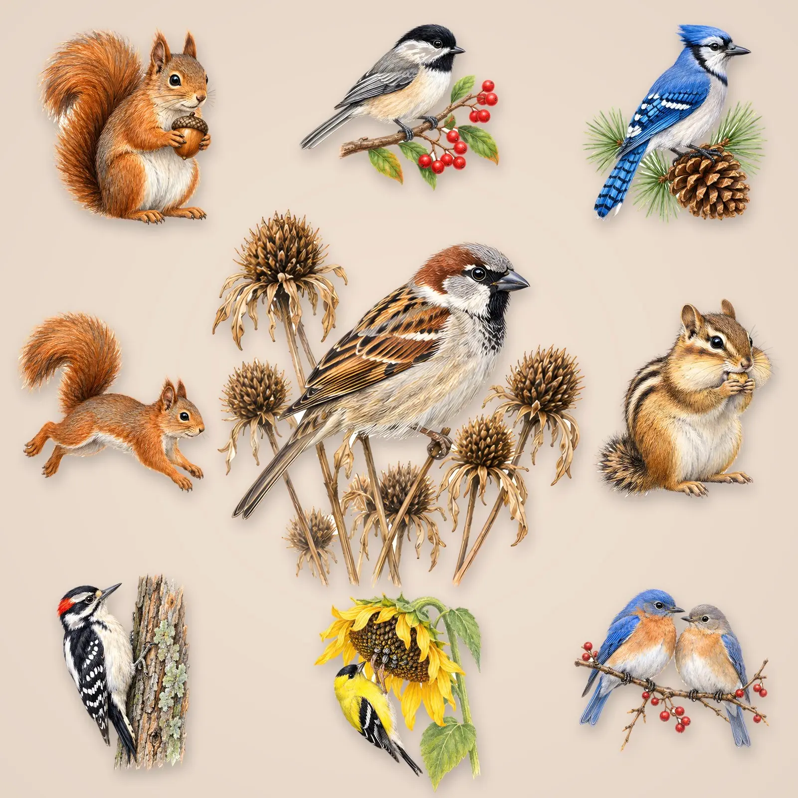 Autumn Birds and Squirrels Clip Art – 12 Colored Pencil Backyard Animals preview