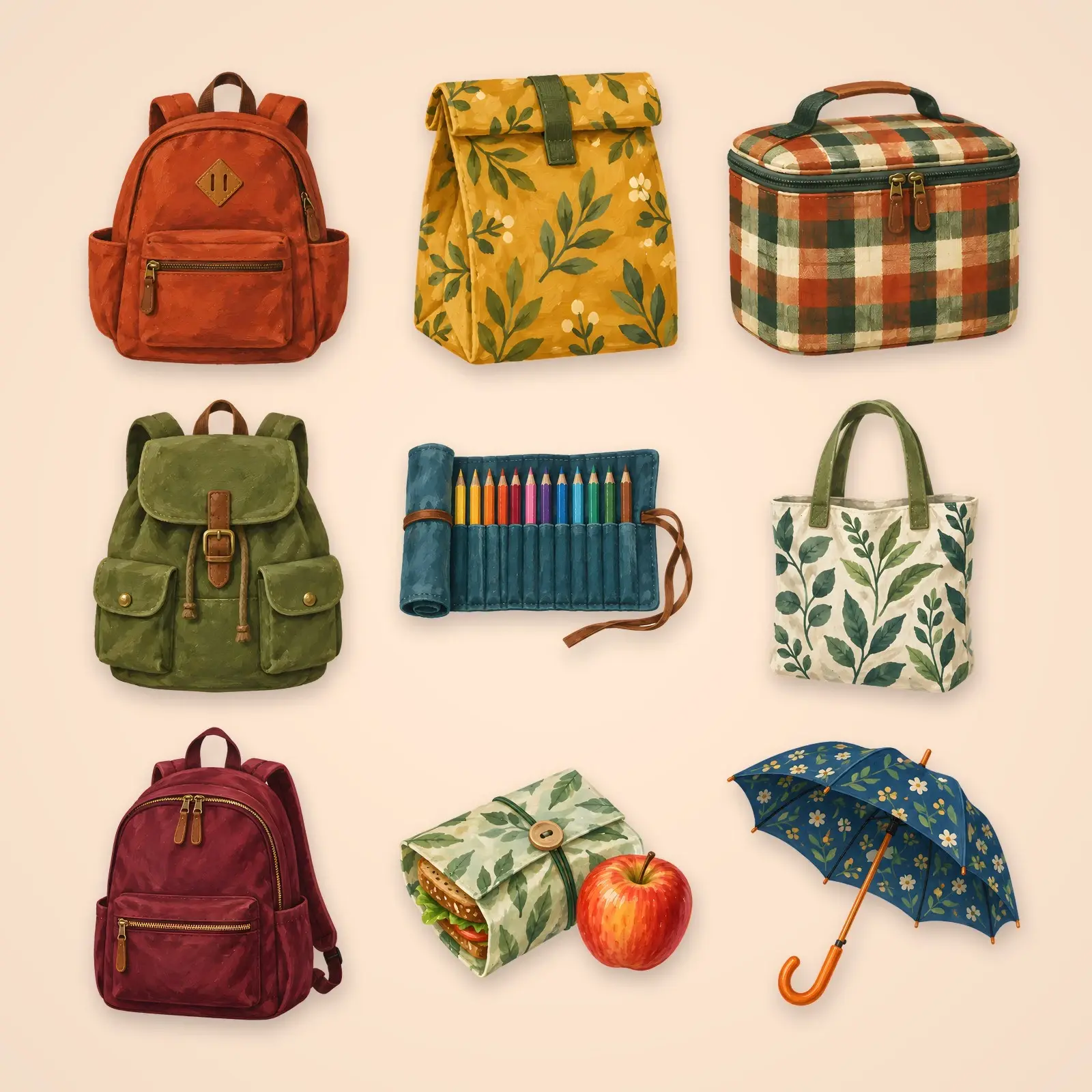 Autumn Backpacks and Lunch Boxes Clip Art – 12 Gouache School Gear PNGs preview