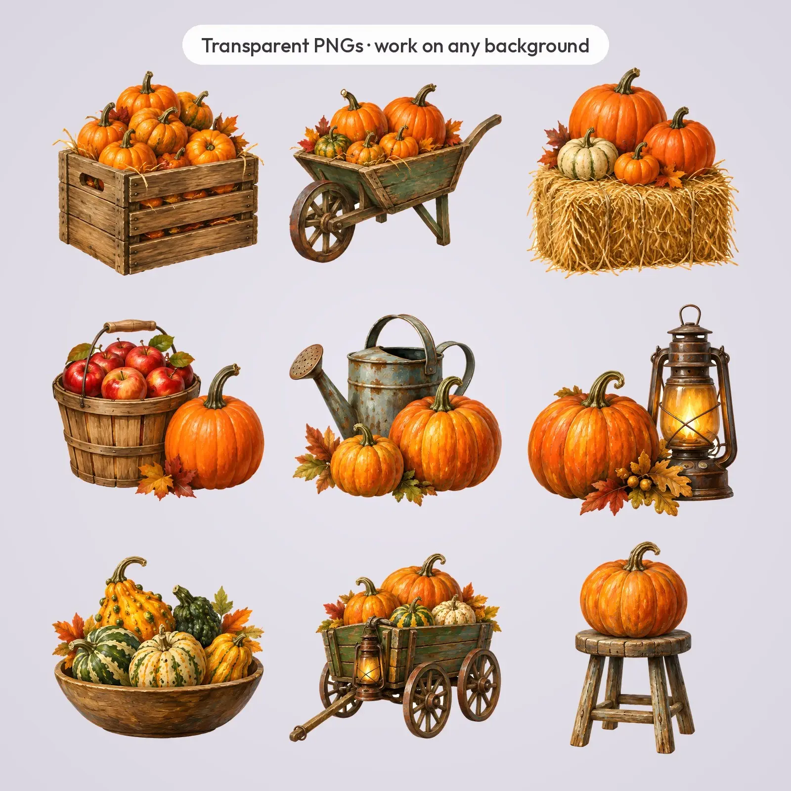 Vintage Pumpkin Still Life Clip Art – 12 Oil Painted Harvest Compositions, preview 4 of 4