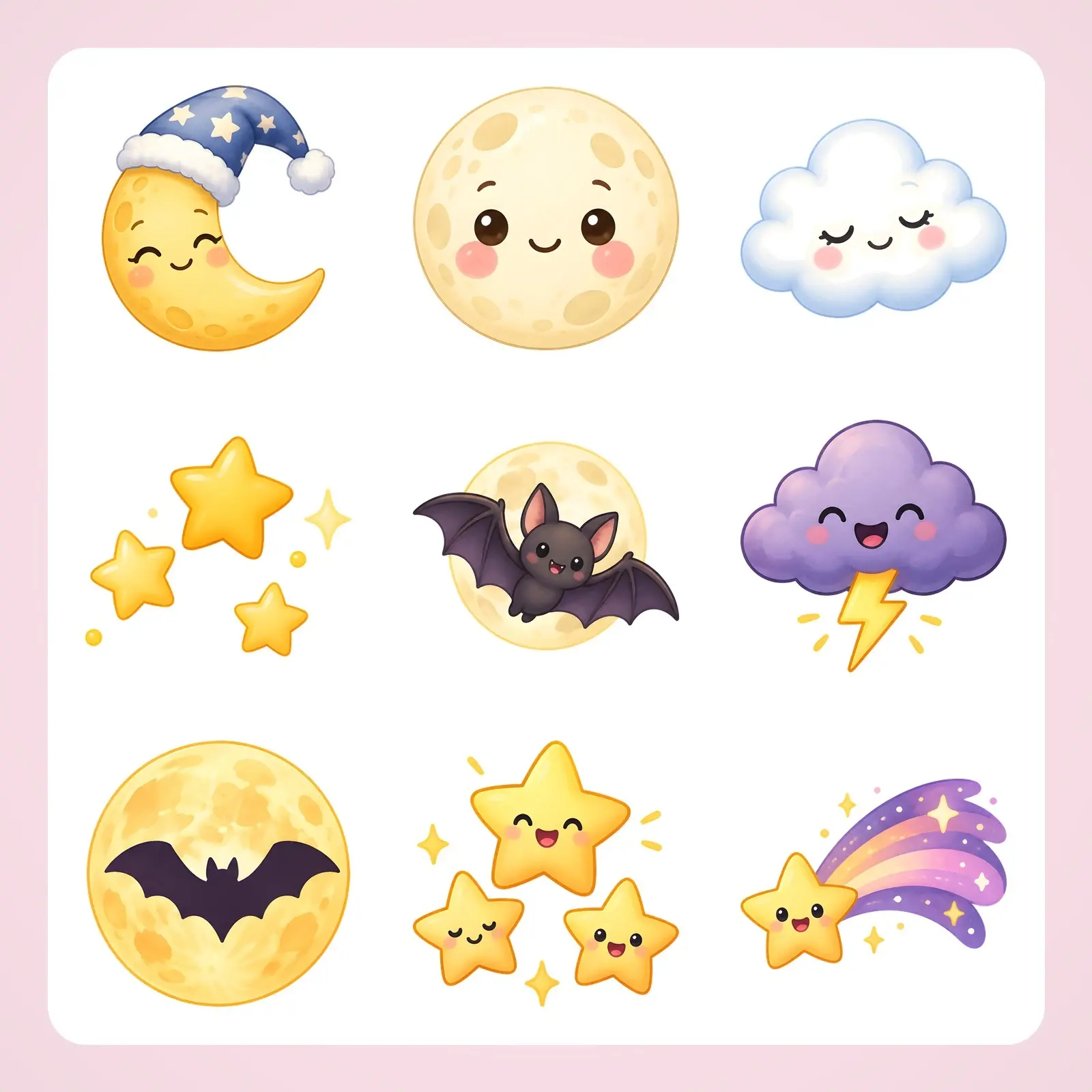 Smiling Moon and Night Stars Clip Art – 12 Cute Flat Sky PNGs preview