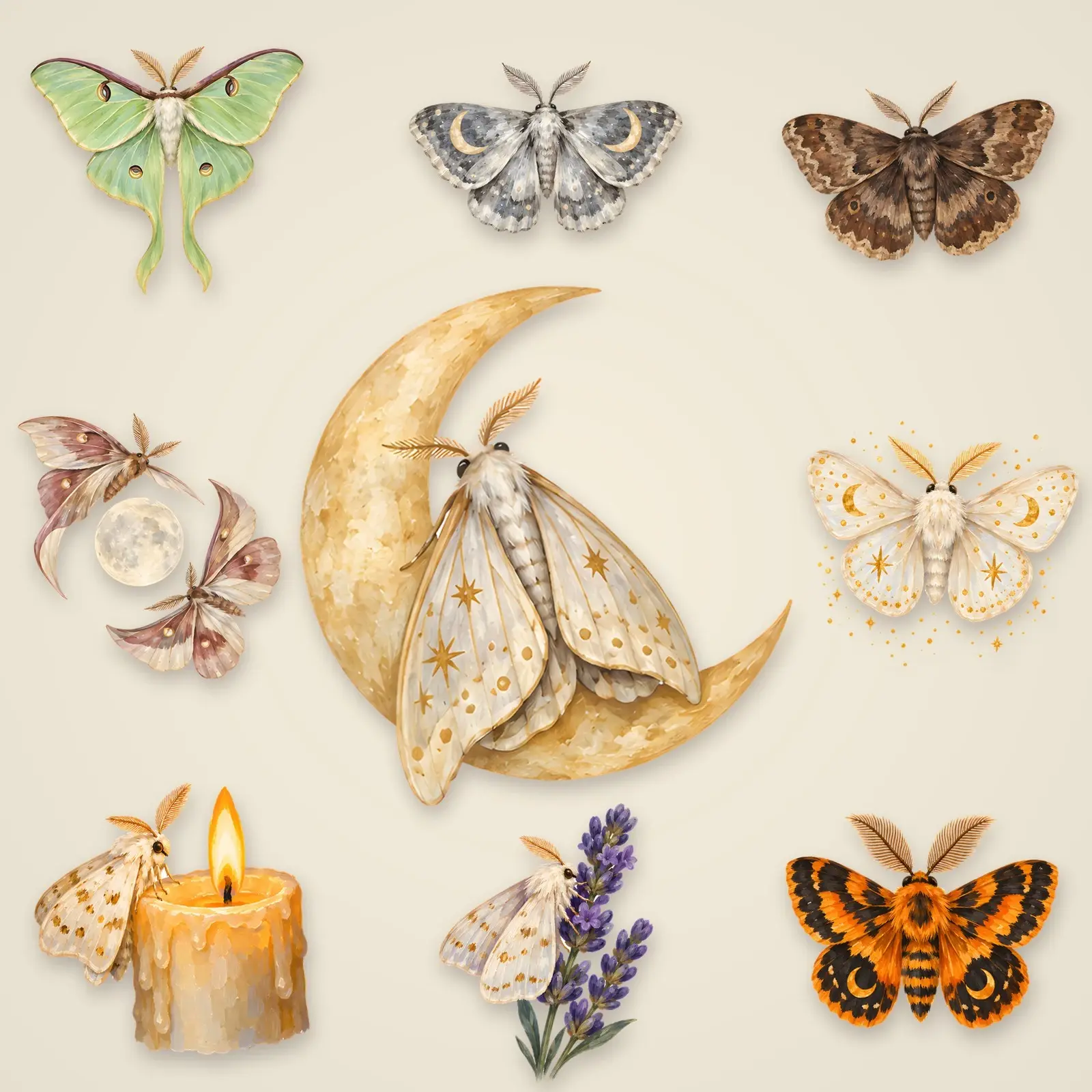 Celestial Moths and Moon Clip Art – 10 Gouache Night Wings preview