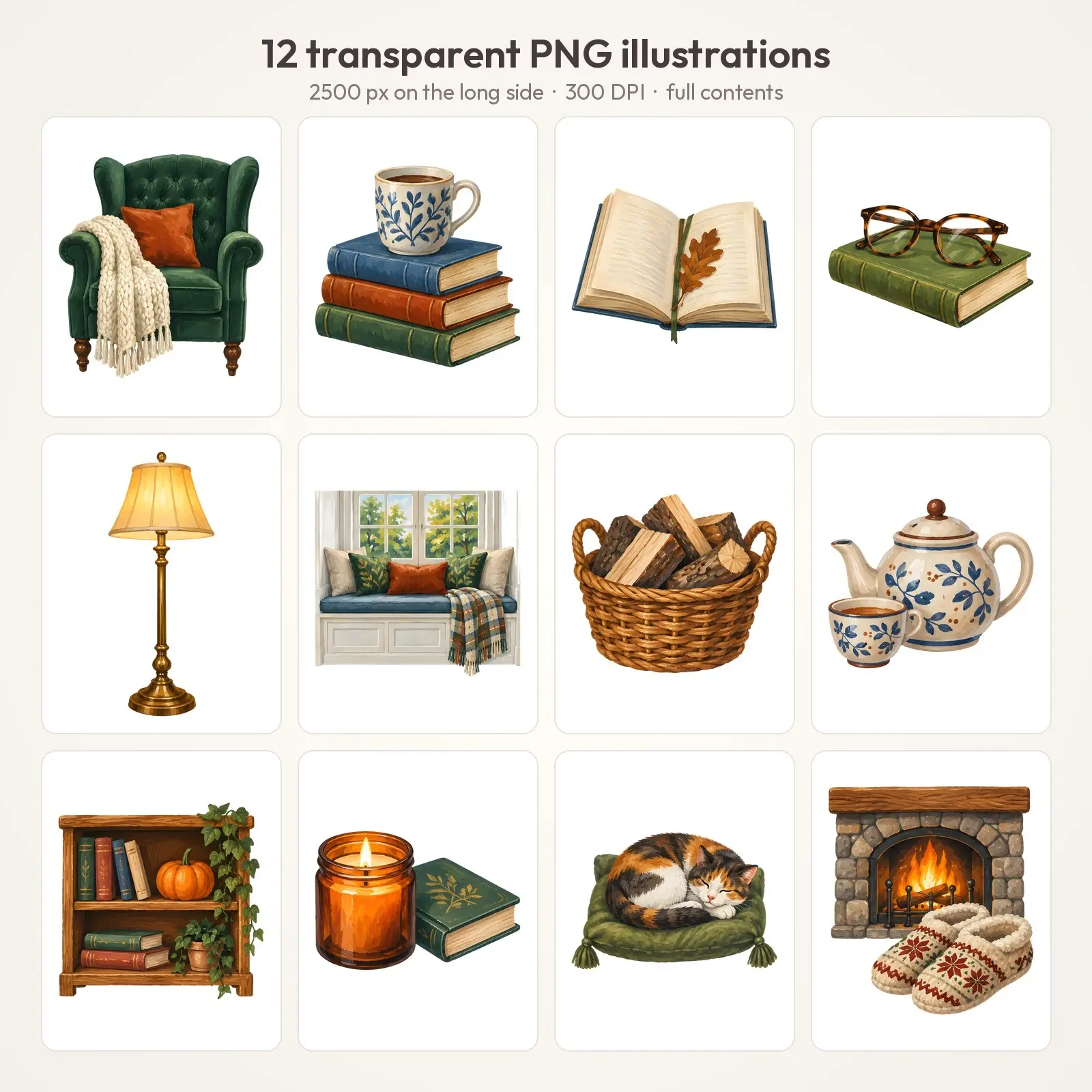 Cozy Reading Nook Clip Art – 12 Gouache Autumn Home PNGs, preview 2 of 4