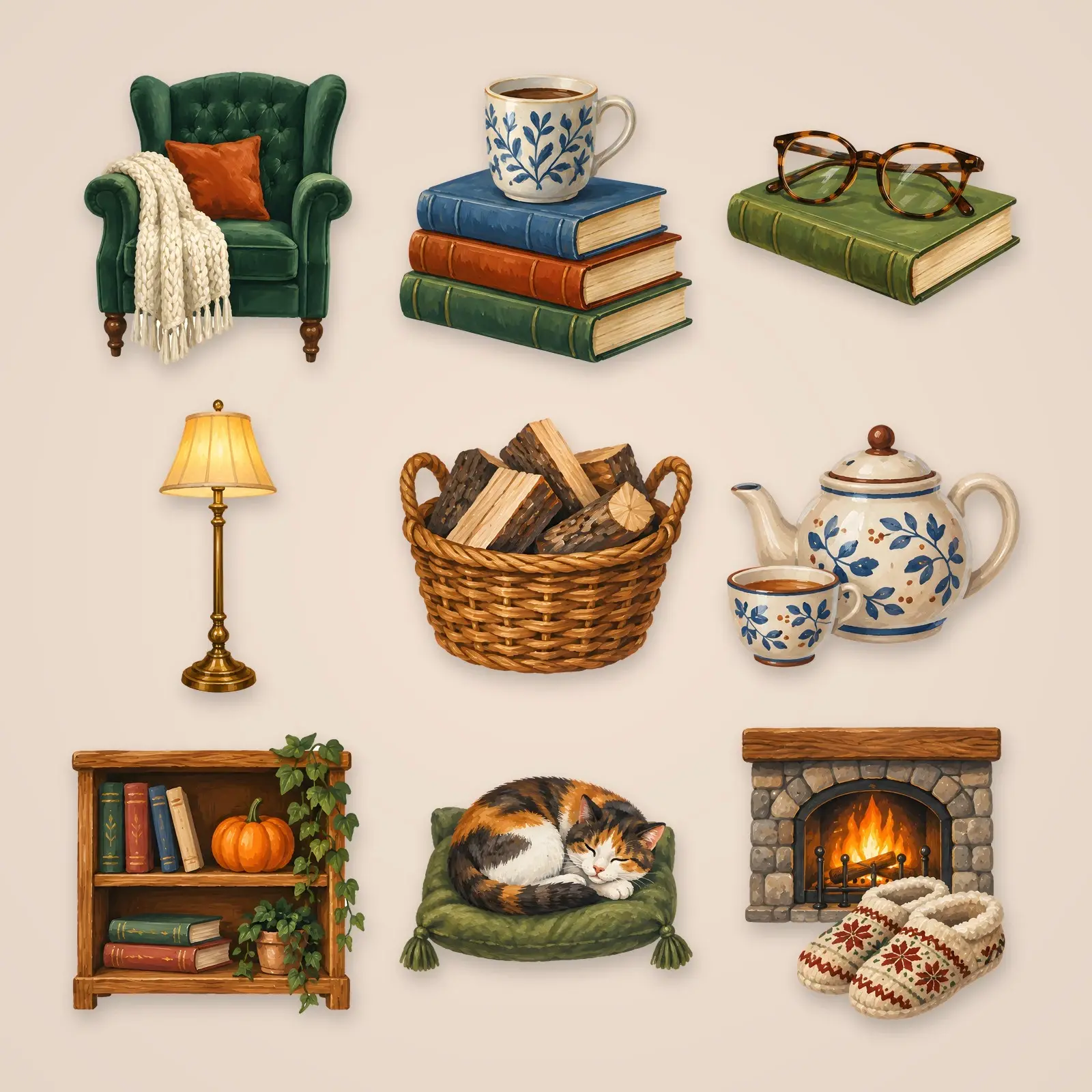 Cozy Reading Nook Clip Art – 12 Gouache Autumn Home PNGs, preview 1 of 4