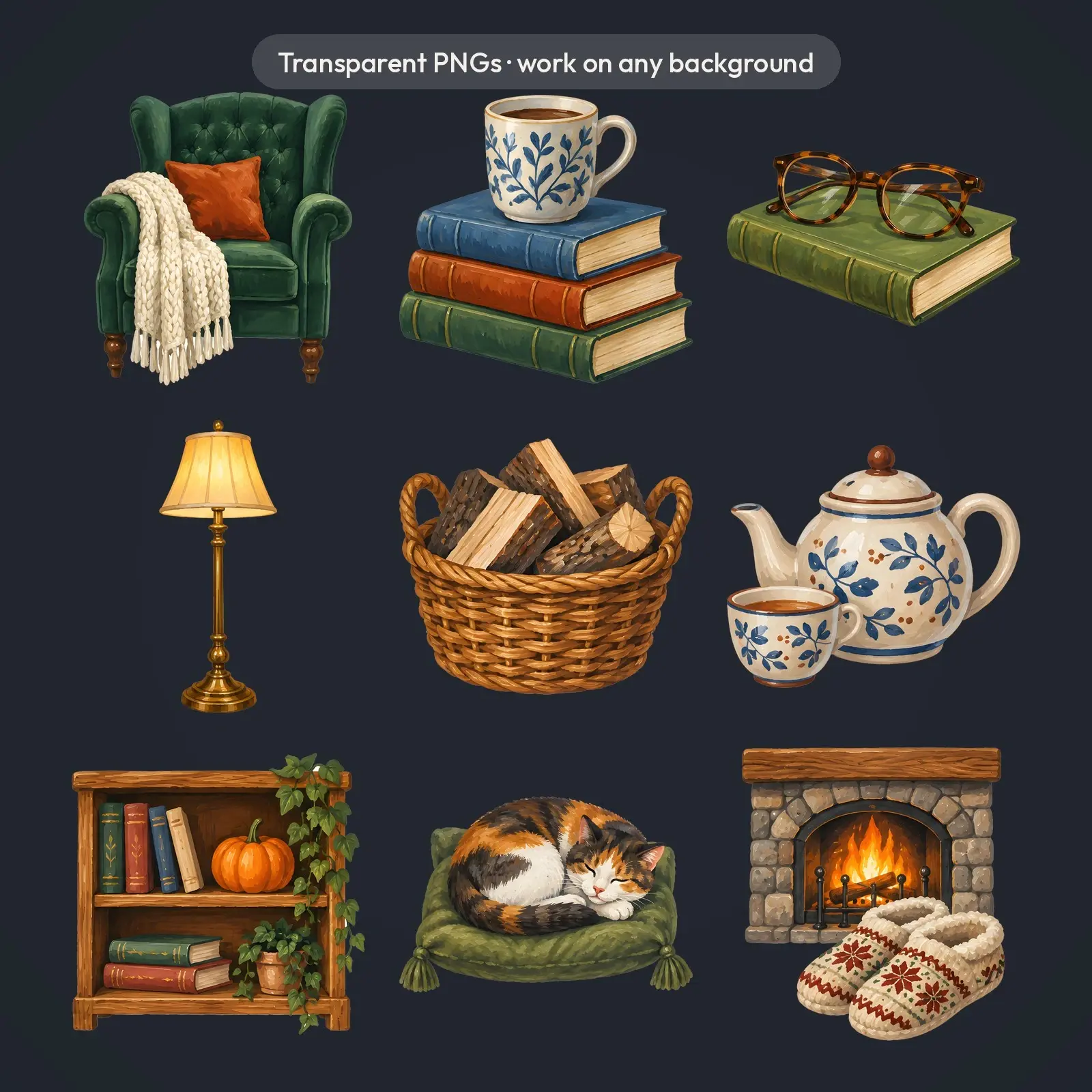 Cozy Reading Nook Clip Art – 12 Gouache Autumn Home PNGs, preview 4 of 4