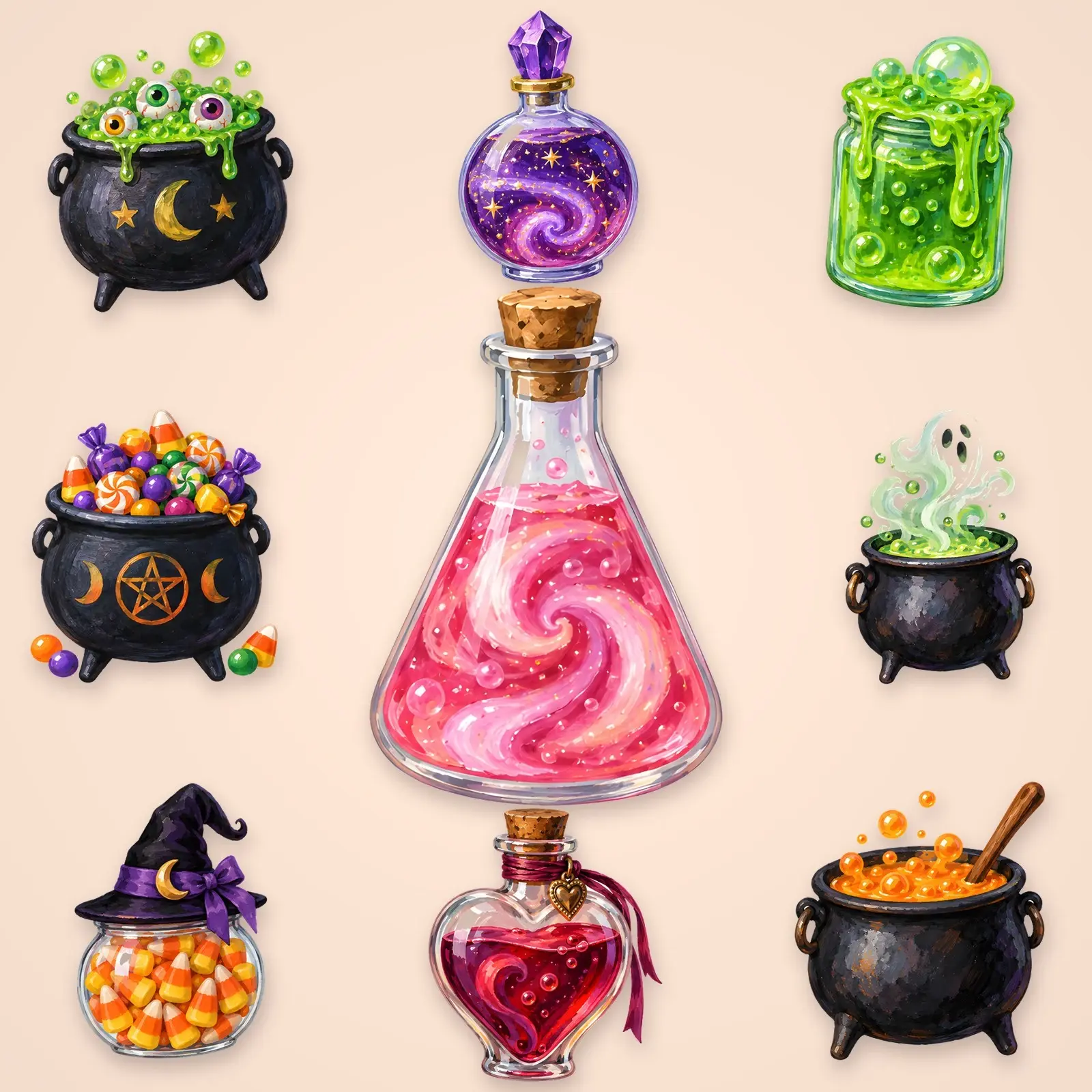 Candy Cauldrons and Potions for Kids Clip Art – 10 Gouache PNGs preview