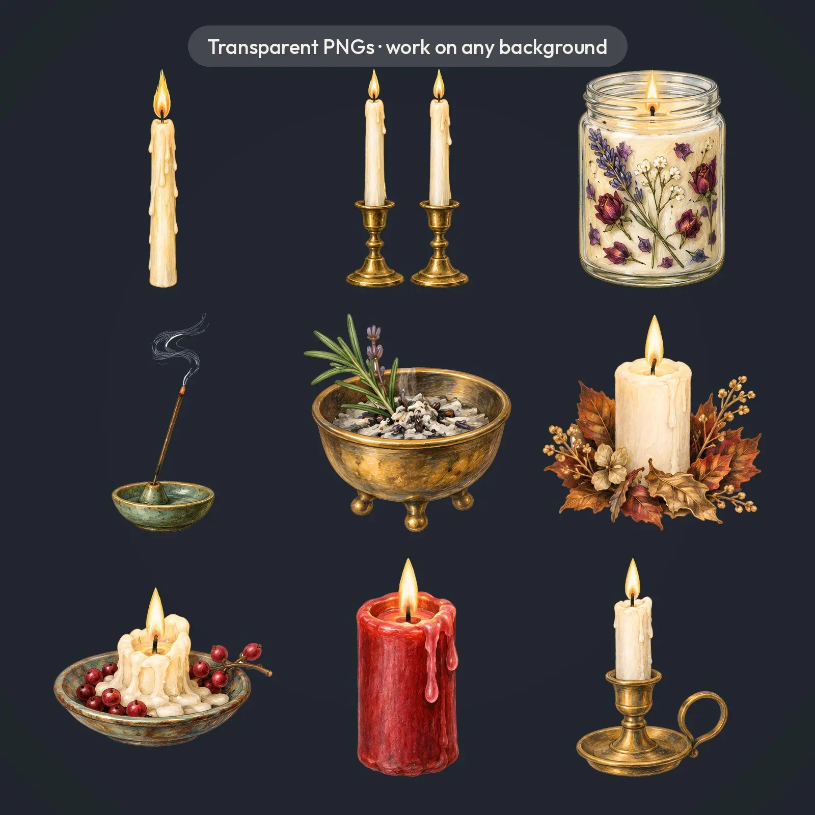 Candle Magic Clip Art – 12 Colored Pencil Ritual Candles and Incense, preview 4 of 4