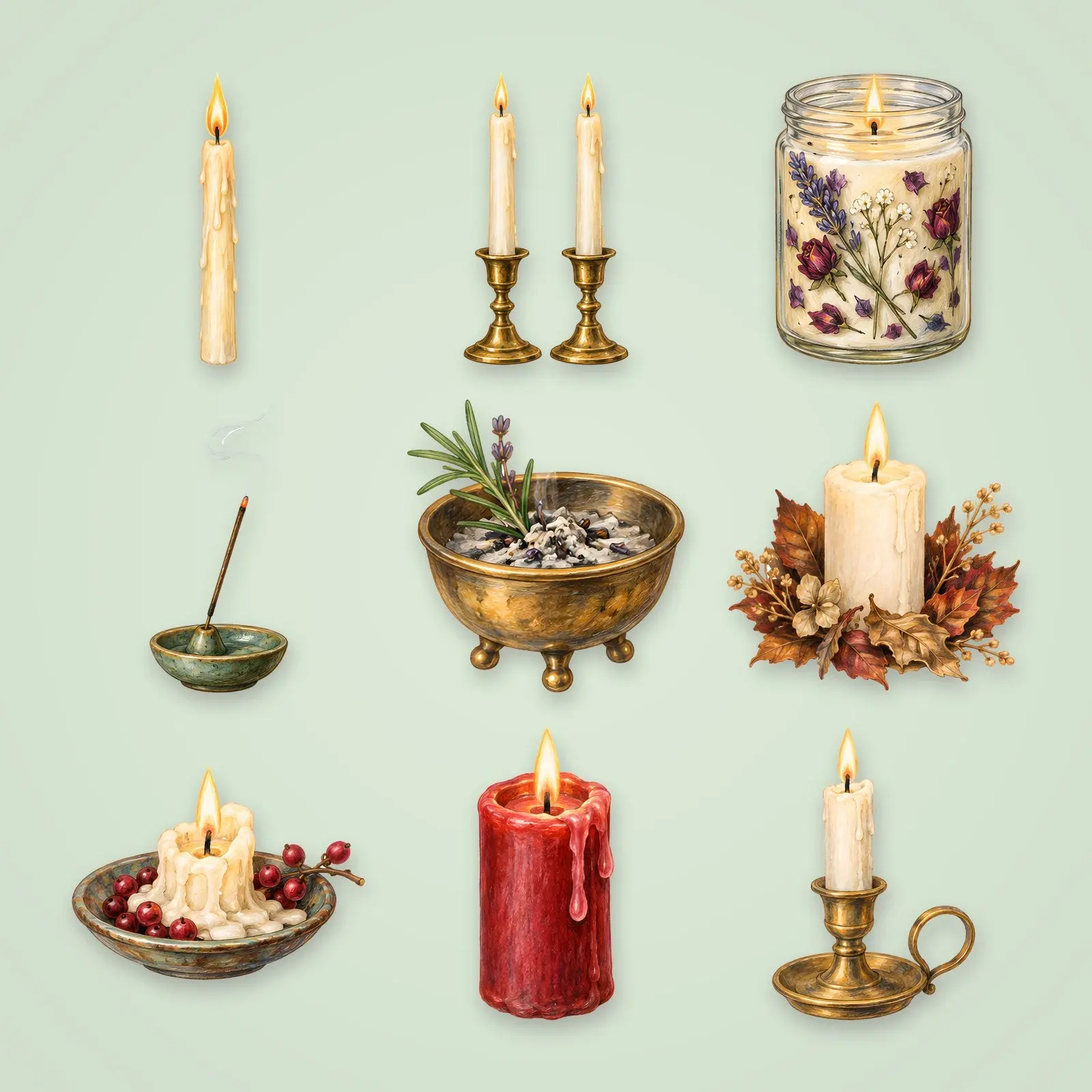 Candle Magic Clip Art – 12 Colored Pencil Ritual Candles and Incense preview