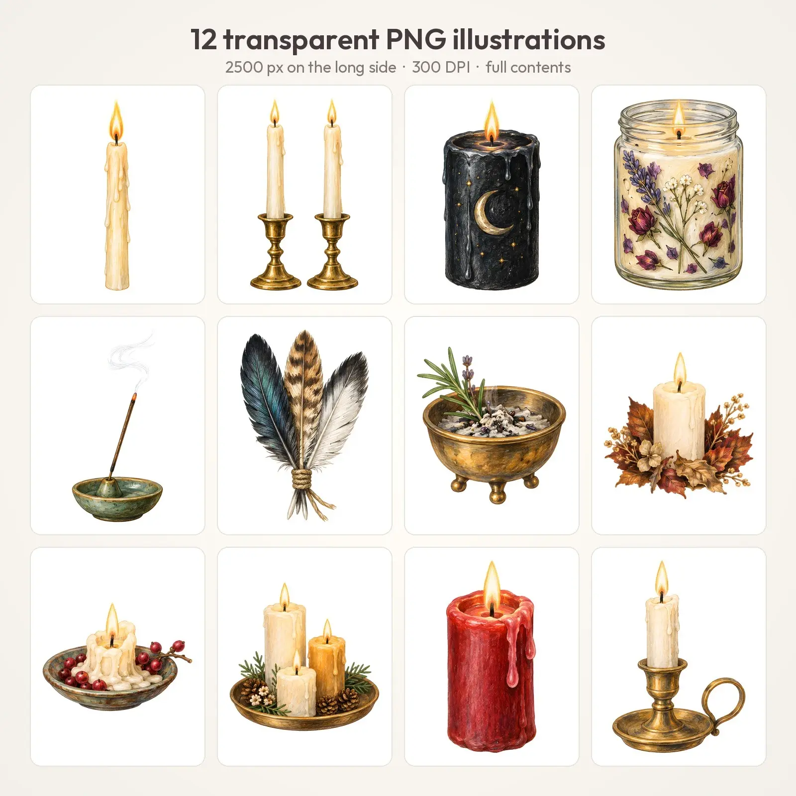Candle Magic Clip Art – 12 Colored Pencil Ritual Candles and Incense, preview 2 of 4