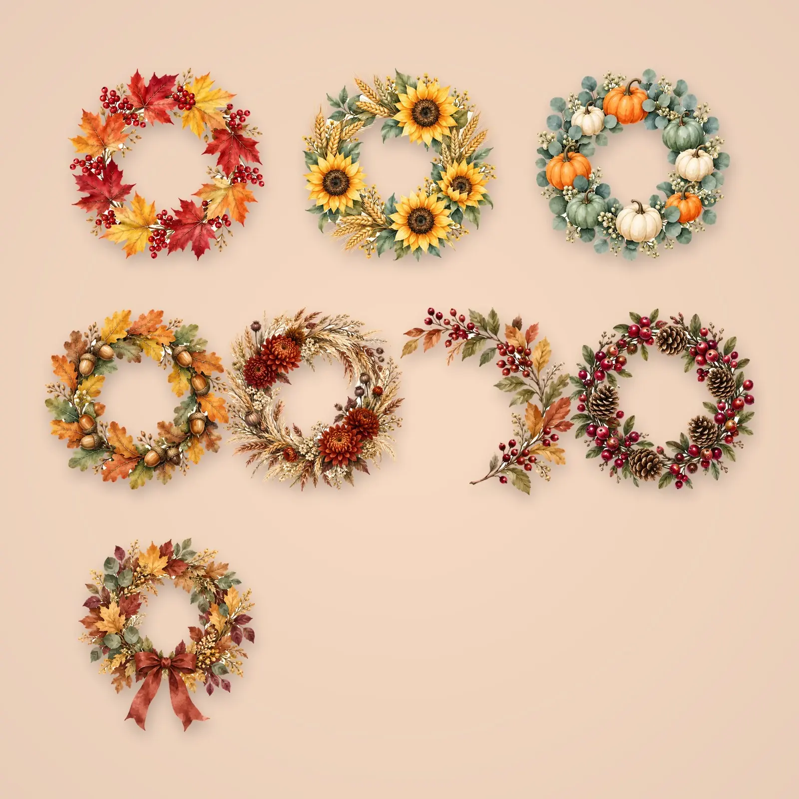 Autumn Wreaths and Floral Frames Clip Art – 8 Watercolor Round Wreaths preview