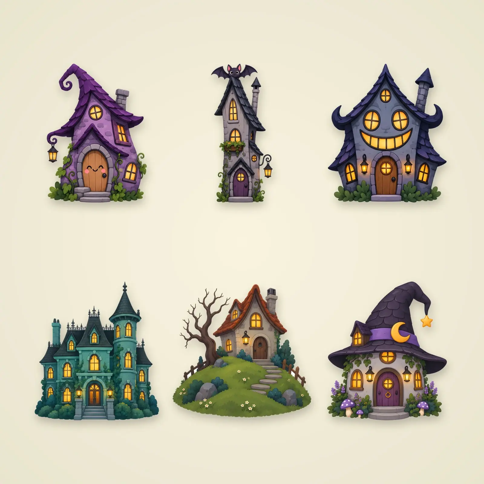 Tiny Cartoon Haunted Houses Clip Art – 8 Cute Flat Spooky Cottages preview