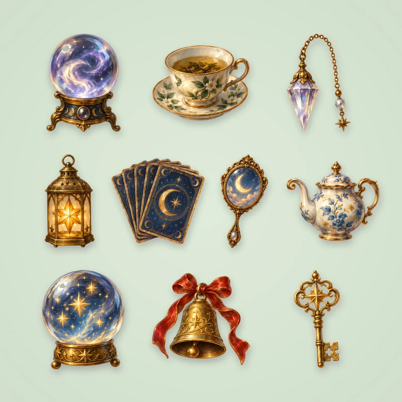 Fortune Teller Objects Clip Art – 10 Oil Painted Crystal Ball and Tea Cup Illustrations preview