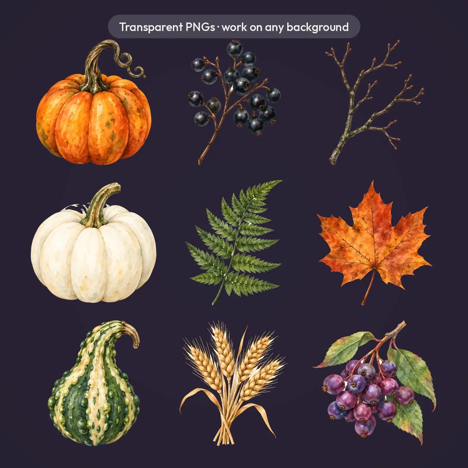 Midnight Pumpkin Wreath Elements Clip Art – 16 Moody Watercolor PNGs, preview 4 of 4