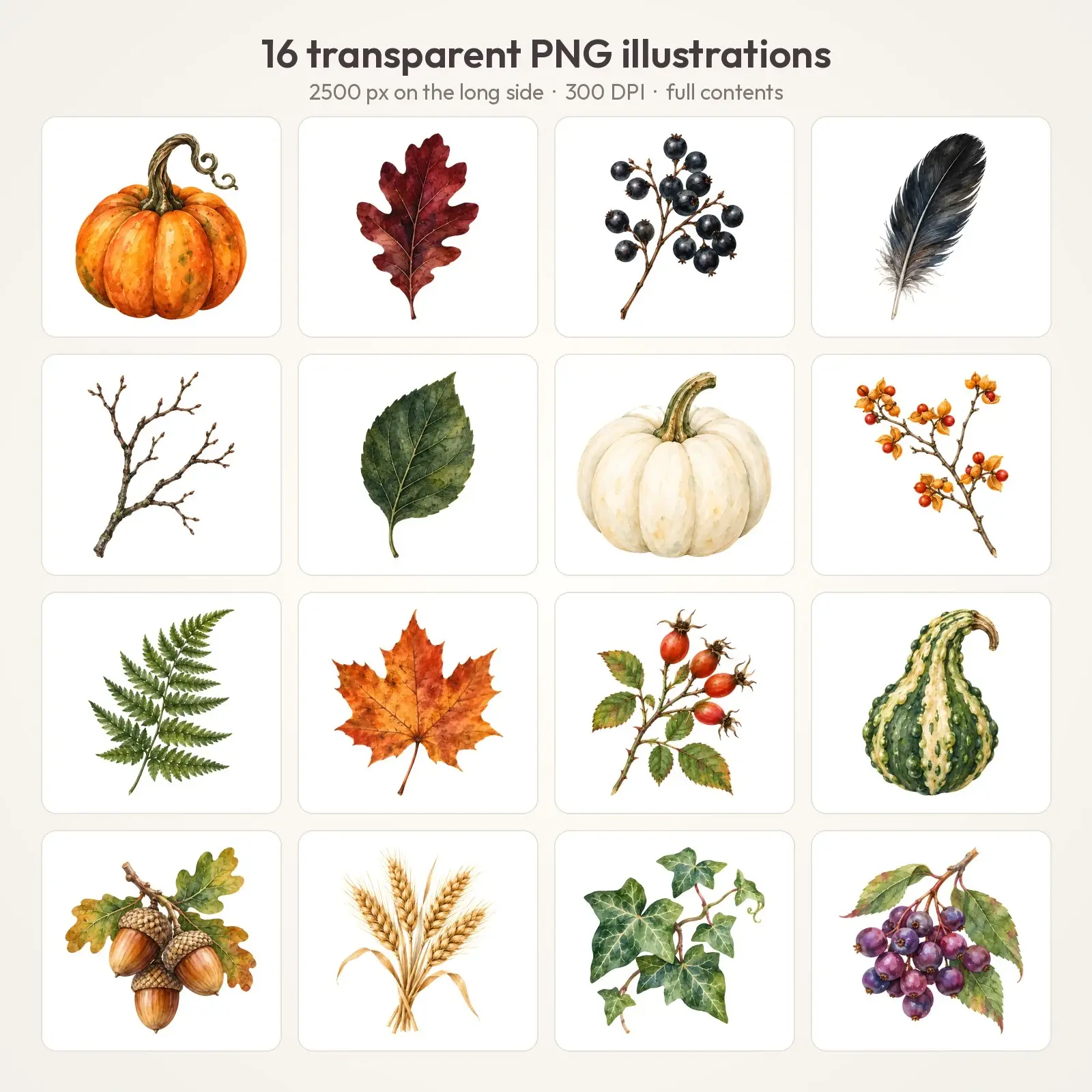 Midnight Pumpkin Wreath Elements Clip Art – 16 Moody Watercolor PNGs, preview 2 of 4