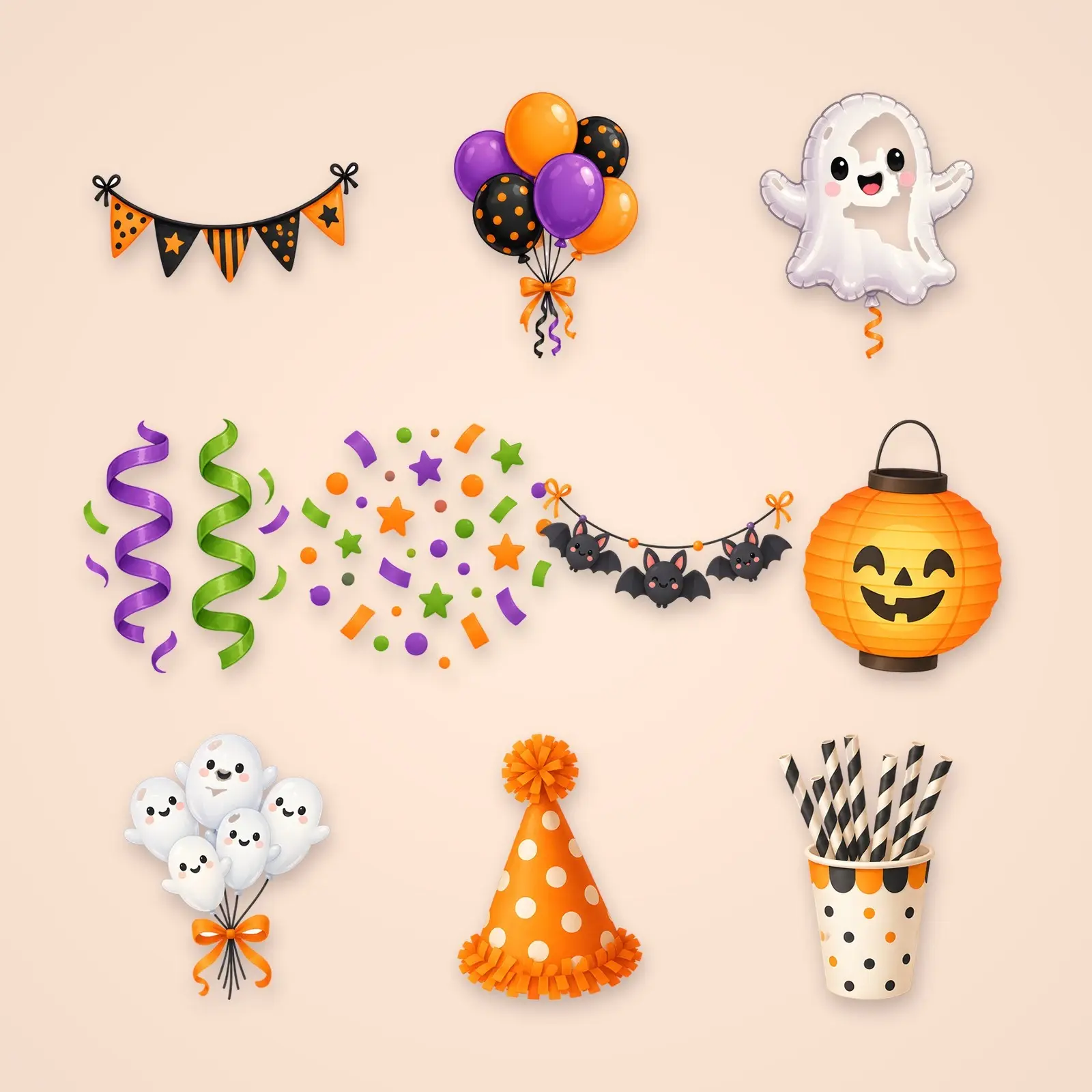 Halloween Party Bunting and Balloons Clip Art – 12 Flat Cute Decor PNGs, preview 1 of 4