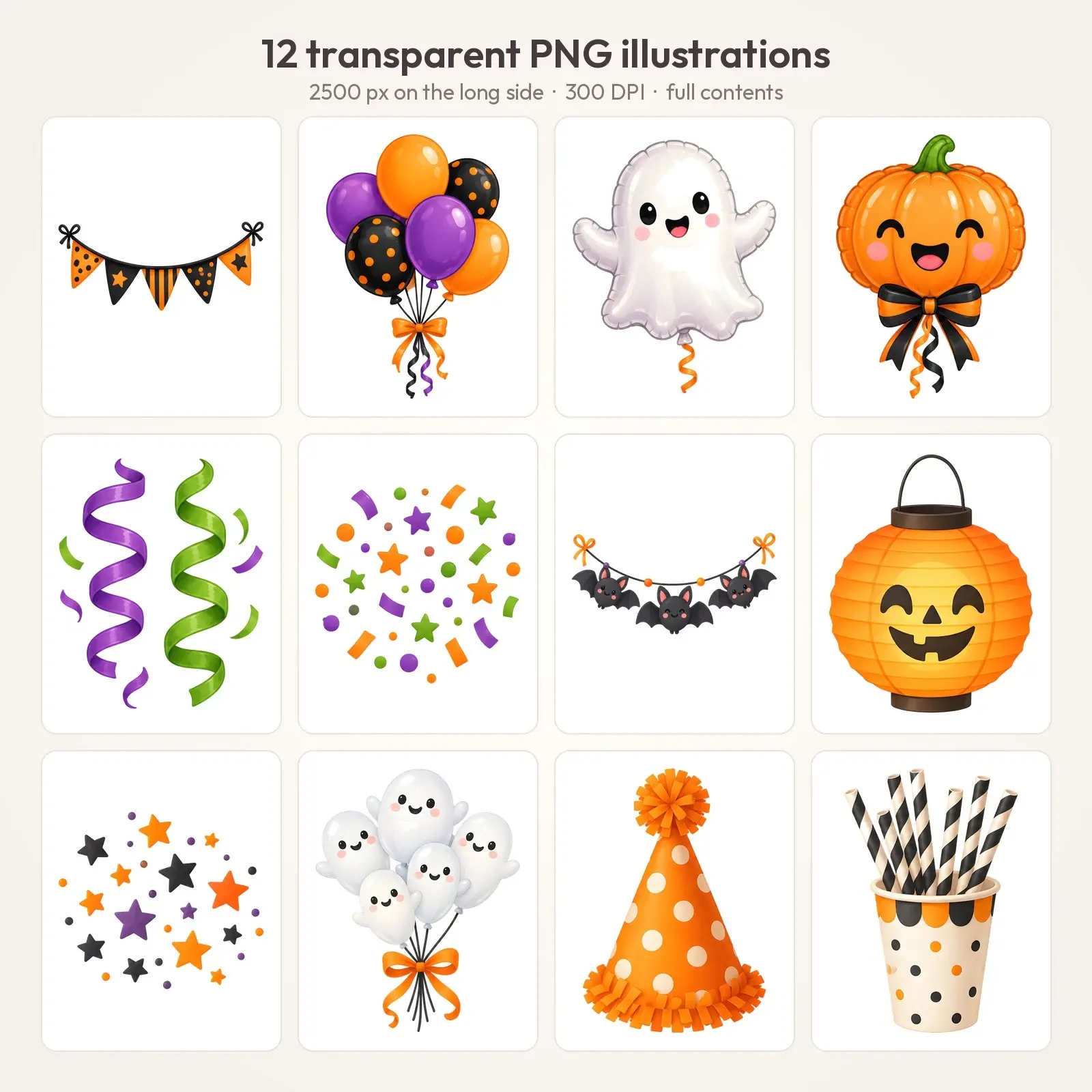 Halloween Party Bunting and Balloons Clip Art – 12 Flat Cute Decor PNGs, preview 2 of 4