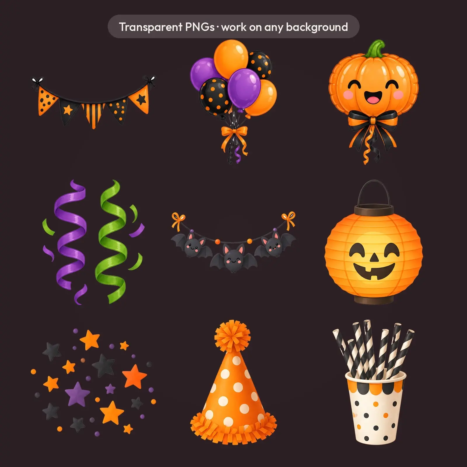 Halloween Party Bunting and Balloons Clip Art – 12 Flat Cute Decor PNGs, preview 4 of 4