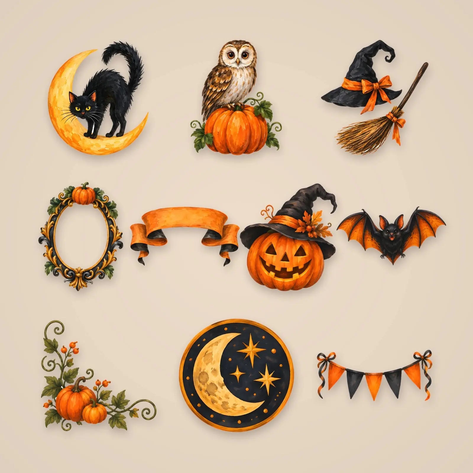 Victorian Halloween Ephemera Clip Art – 12 Vintage Gouache Die-Cut Style PNGs preview