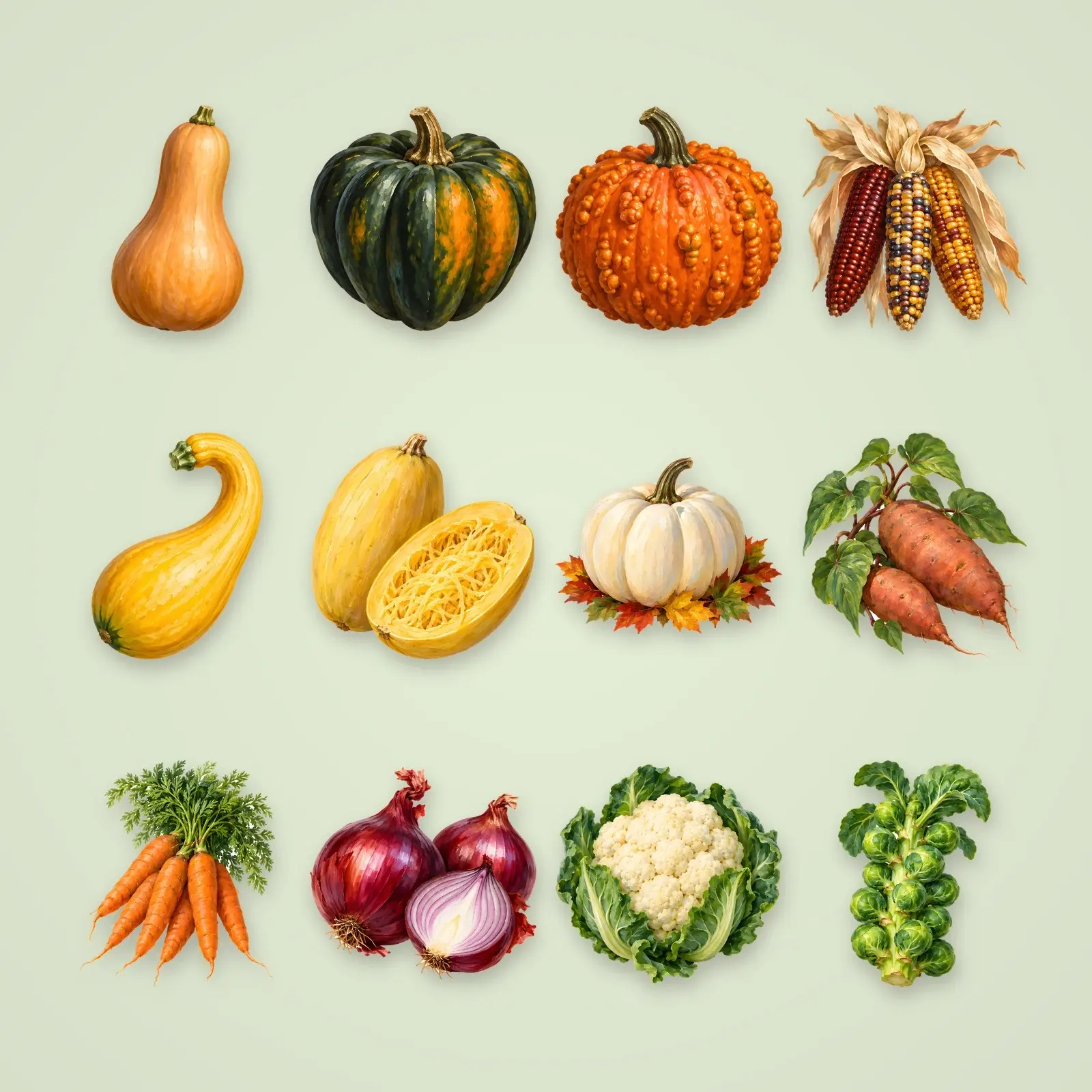 Squash, Gourds and Corn Clip Art – 16 Oil Painted Harvest Vegetables preview