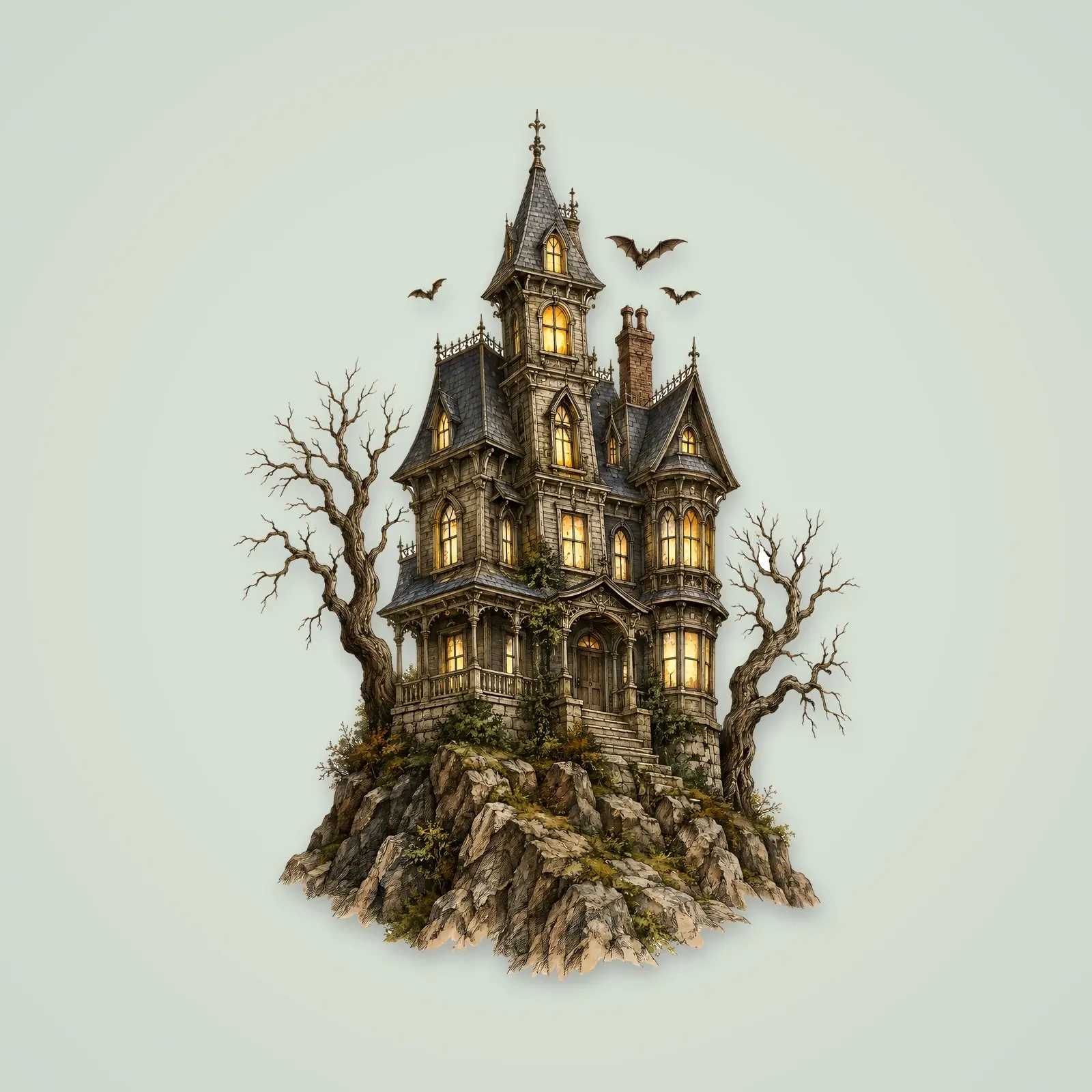 Haunted Hilltop Mansion – Single Vintage Engraving Illustration, 4200 px PNG and JPG preview