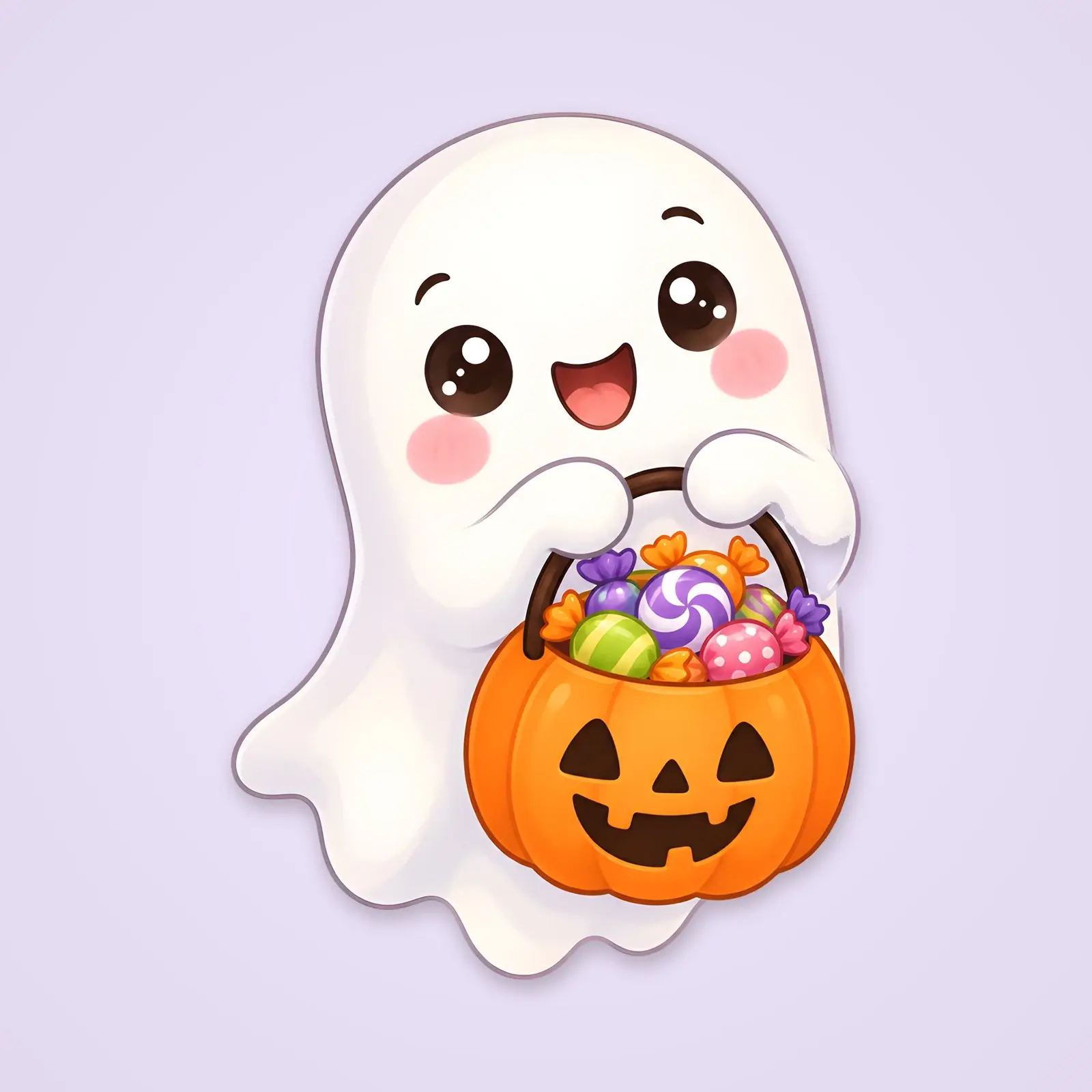 Little Ghost With Pumpkin Bucket – Single Cute Flat Illustration, 4200 px PNG and JPG preview