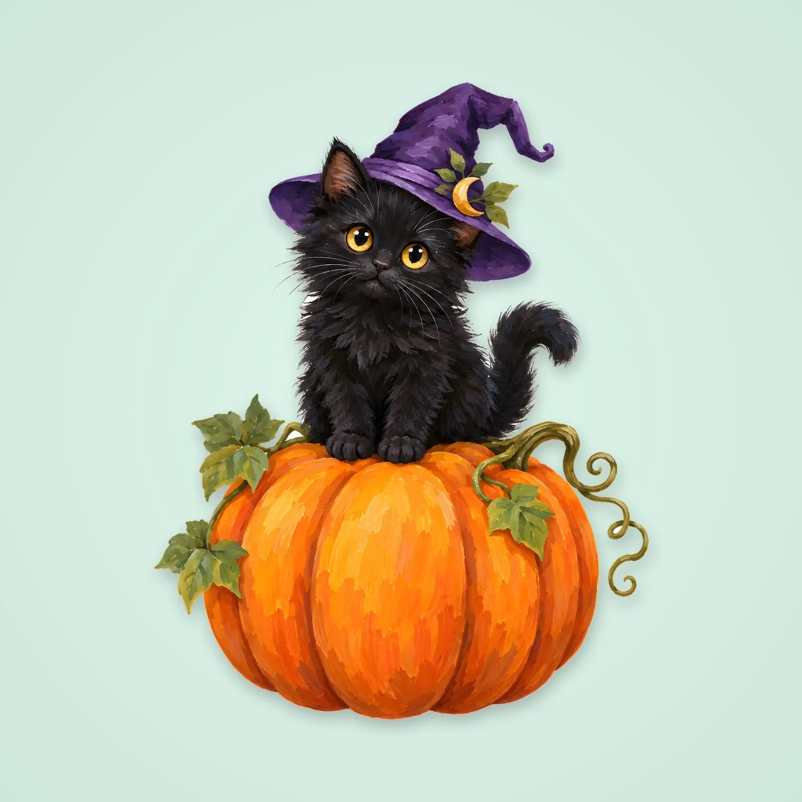 Black Kitten in Witch Hat on a Pumpkin – Single Gouache Illustration, 4200 px PNG and JPG preview
